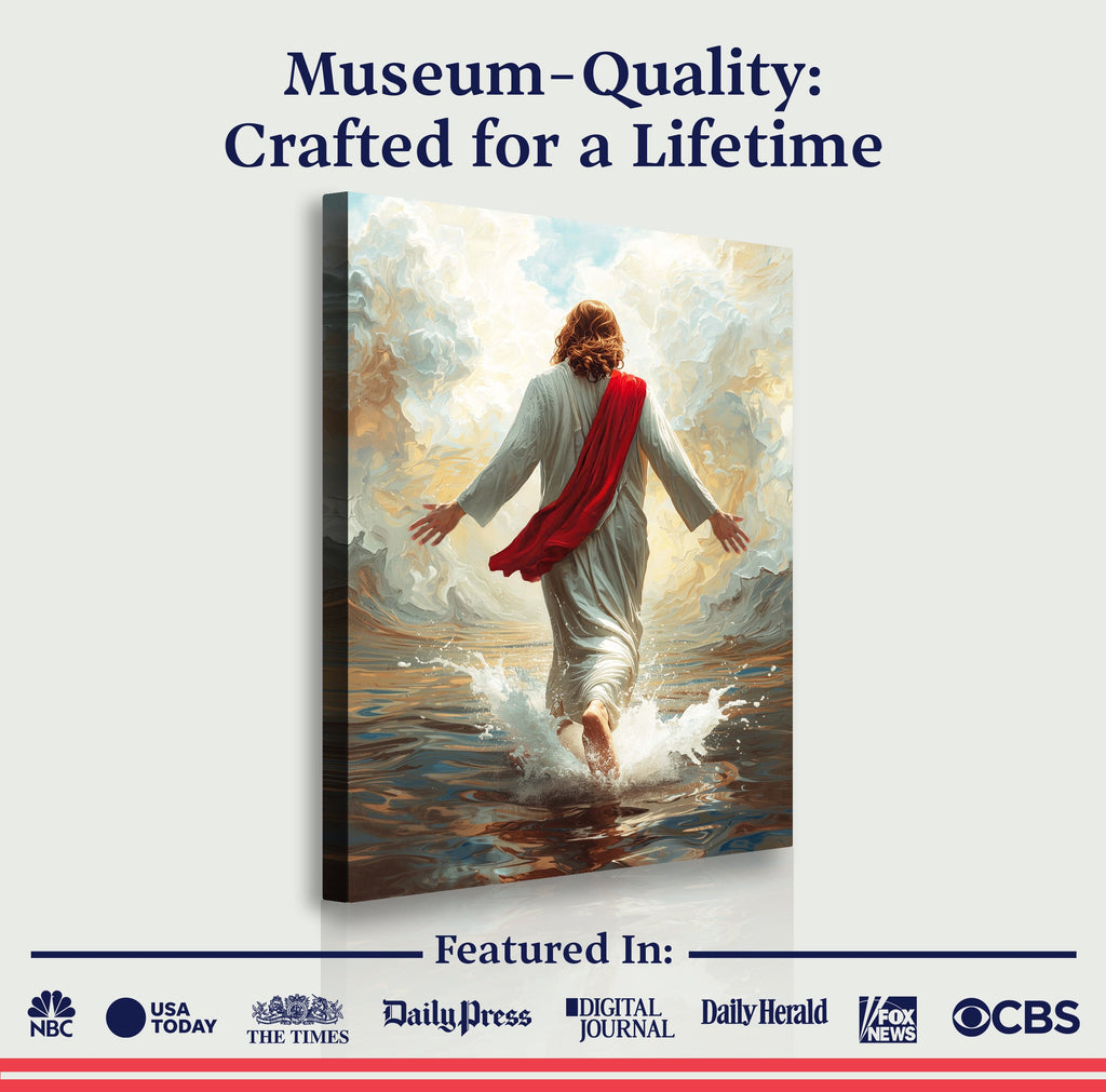 Canvas wall art: Jesus walking on water, red robe, white tunic, splashing waves