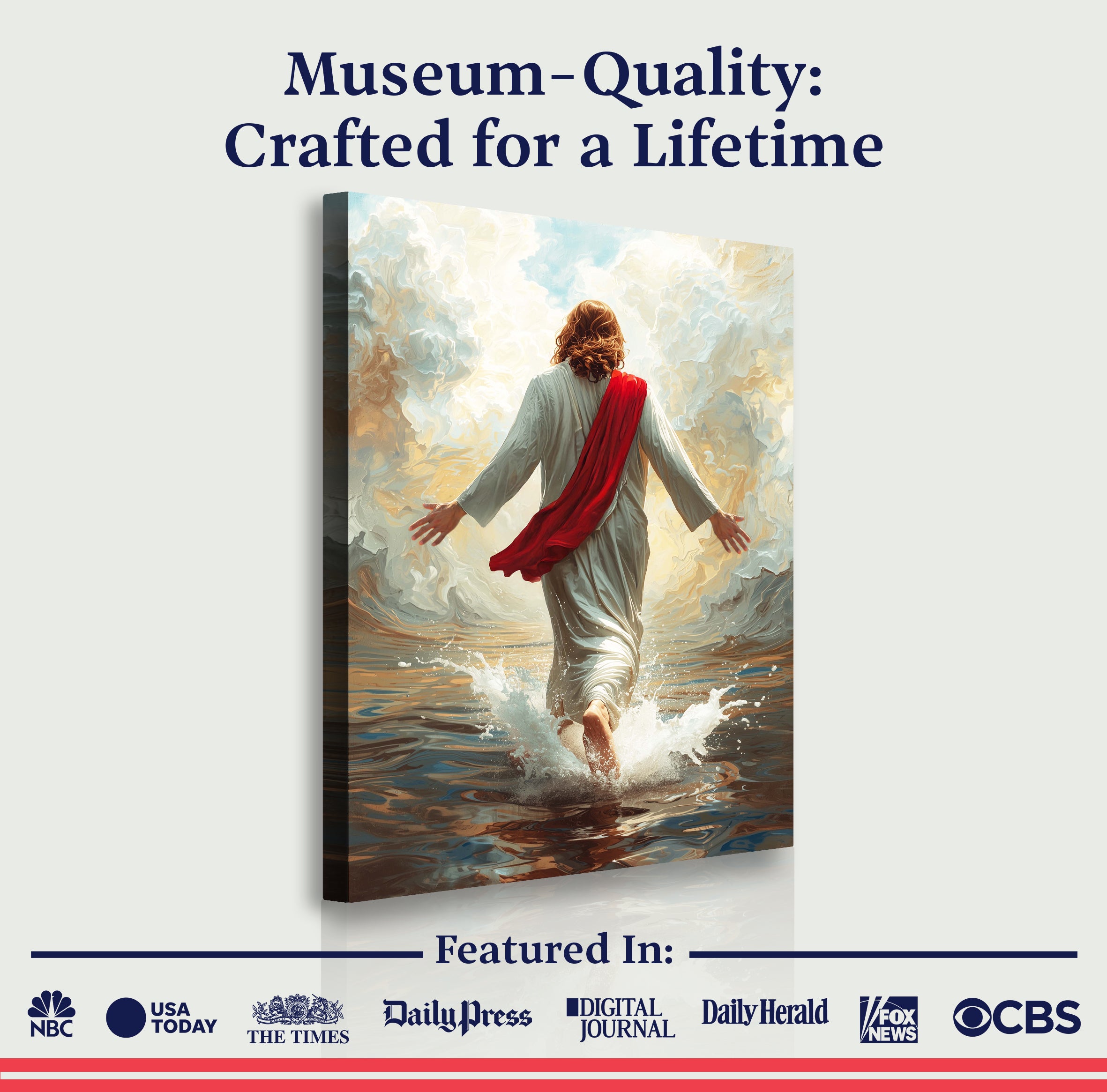 Canvas wall art: Jesus walking on water, red robe, white tunic, splashing waves
