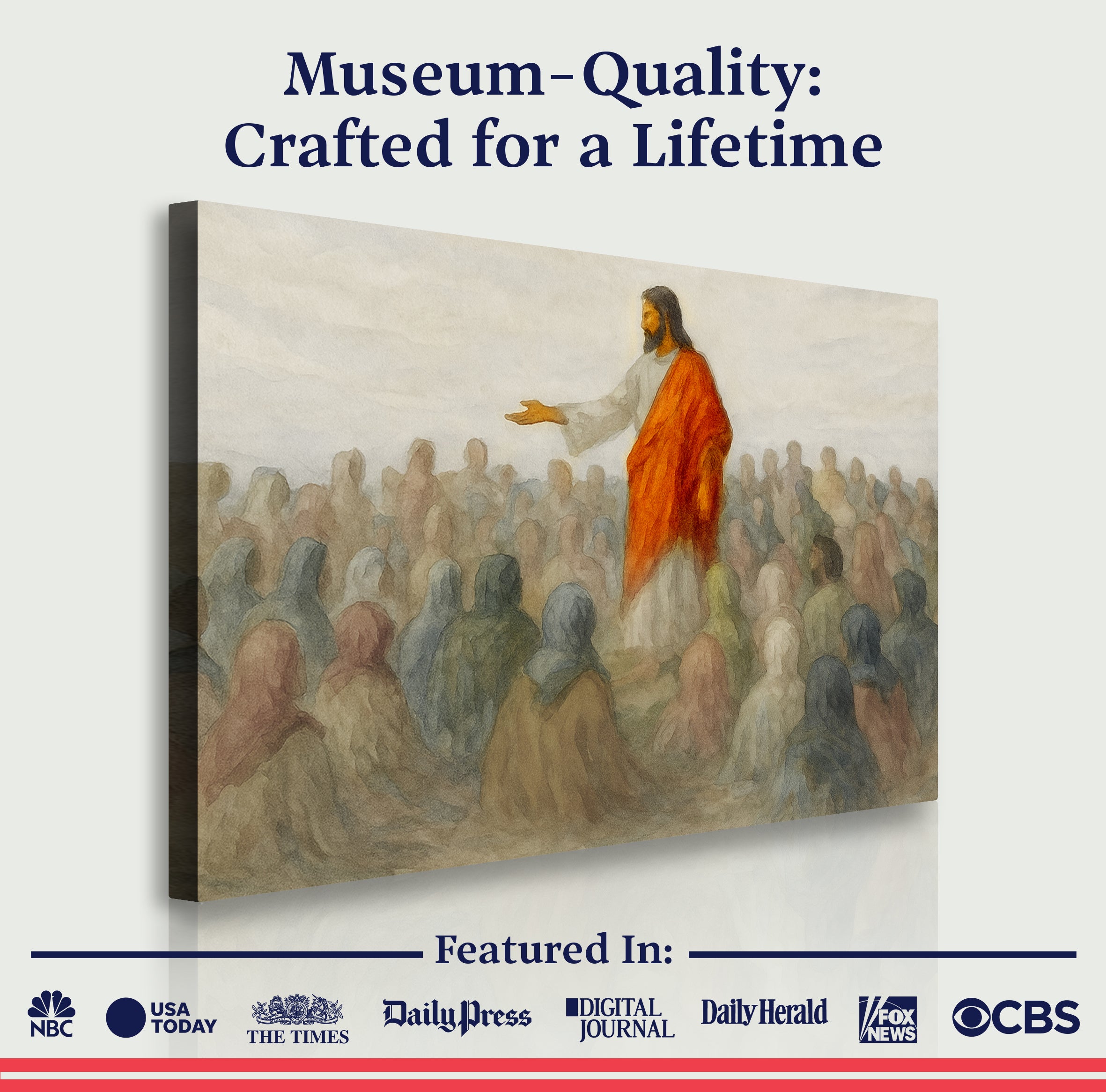 Wall-mounted canvas print showing a robed figure speaking to a crowd