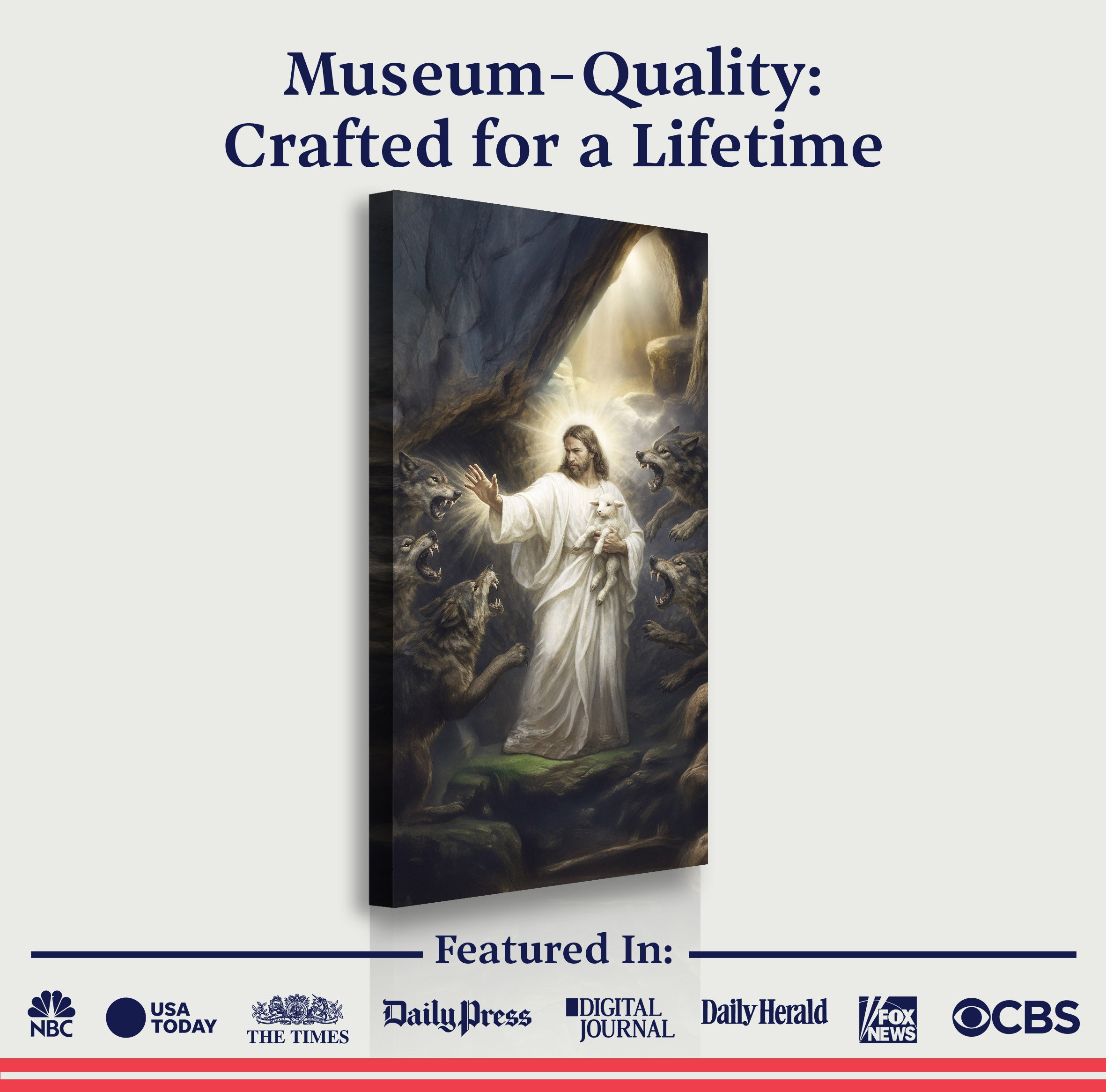 Museum-quality style canvas wall art showing Jesus holding a lamb and wolves