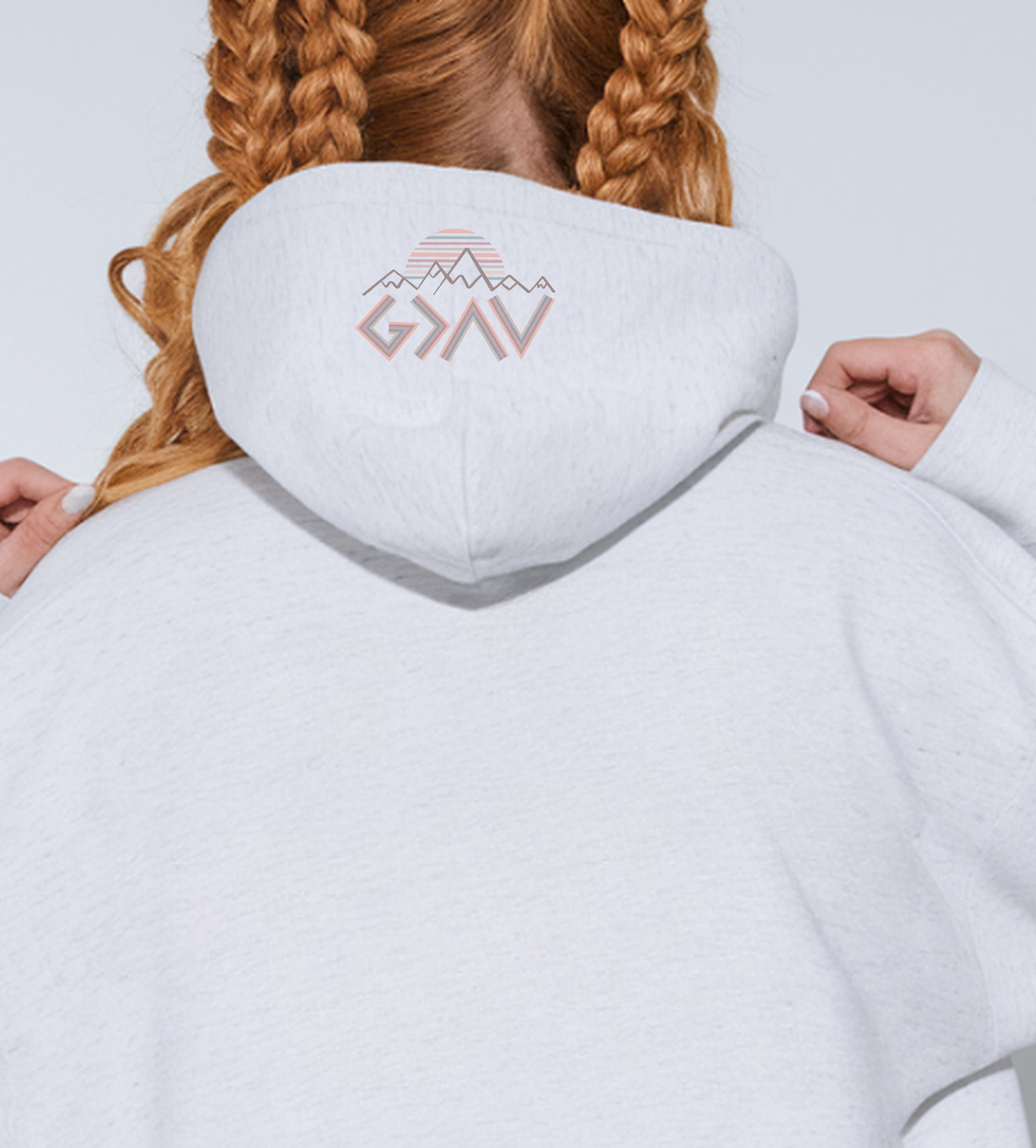 Ash gray hoodie back with centered mountain logo on upper back and hood