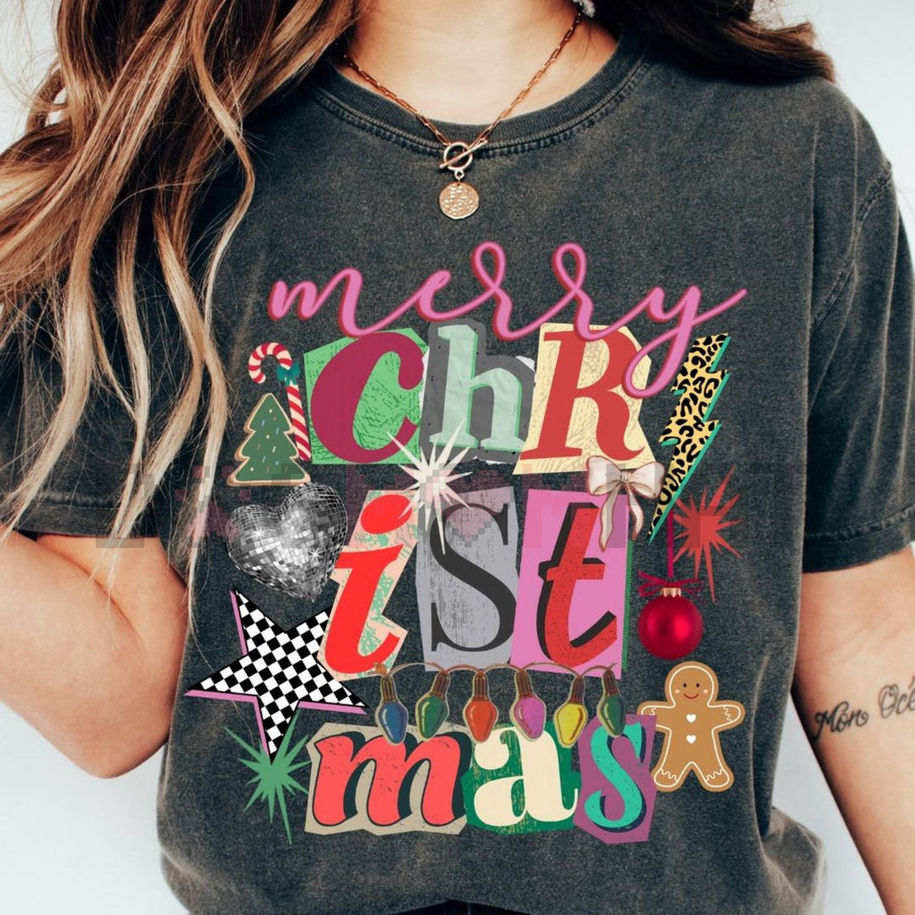 Dark heather gray T-shirt with colorful “Merry Christmas” and “iste” lettering collage