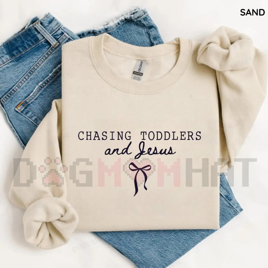 Sand sweatshirt with puff sleeves and 'Chasing Toddlers and Jesus' graphic
