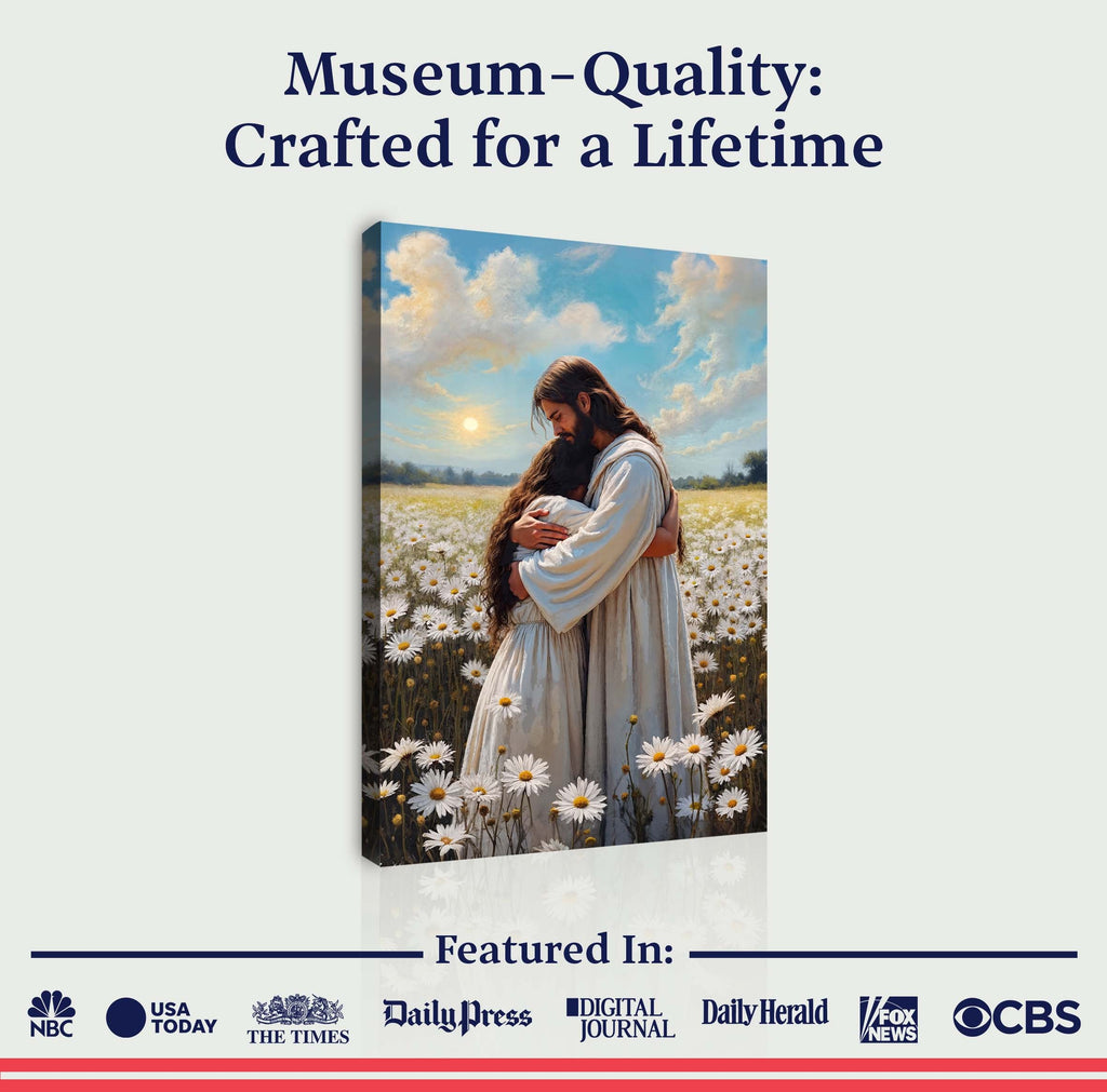 Faith wall art canvas featuring Jesus hugging a woman in a daisy field with sunrise