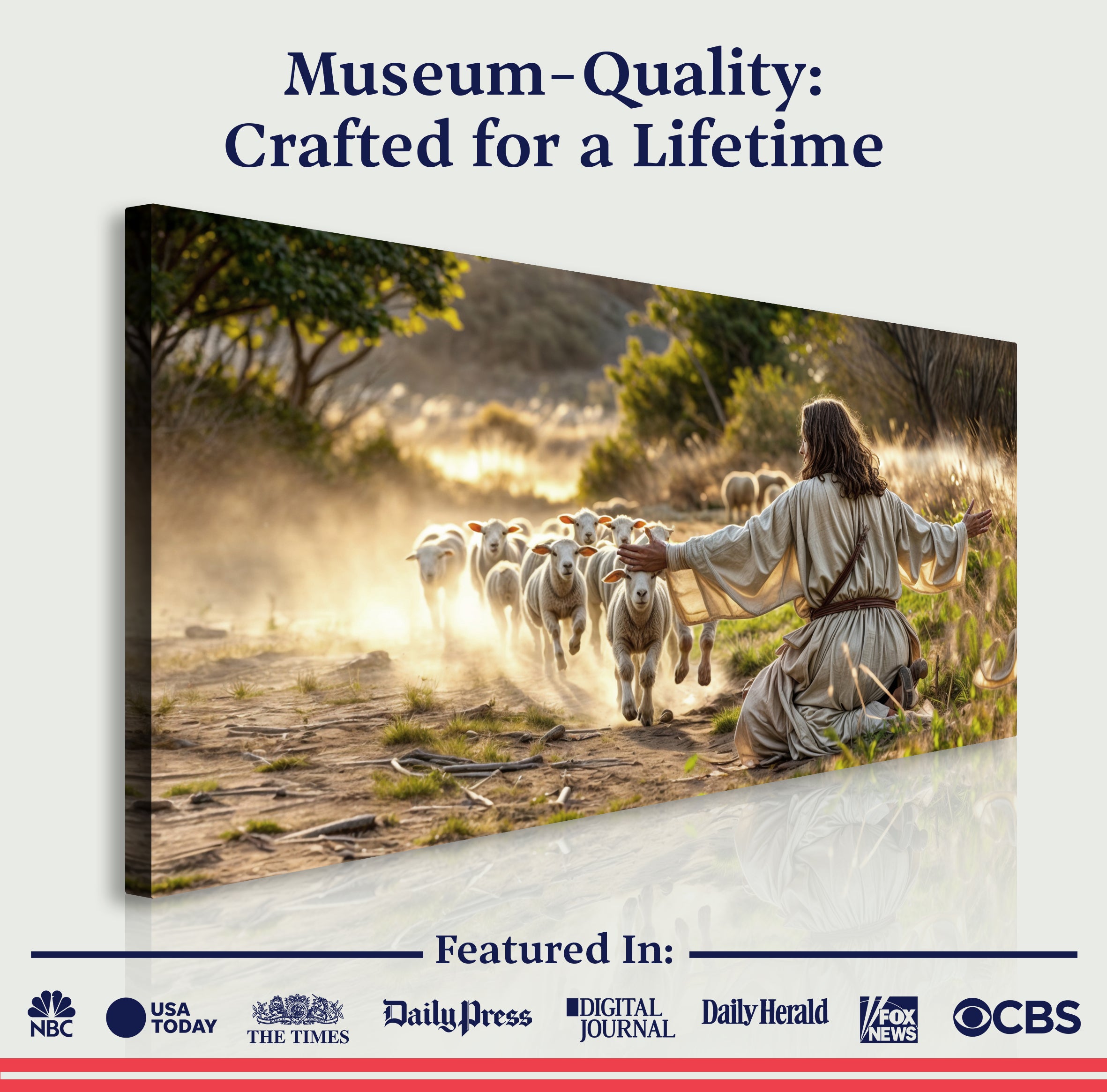 Landscape canvas wall art on display with quality and featured-in badge graphics