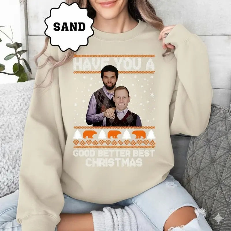 Sand ugly Christmas sweater with long sleeves and festive graphic front