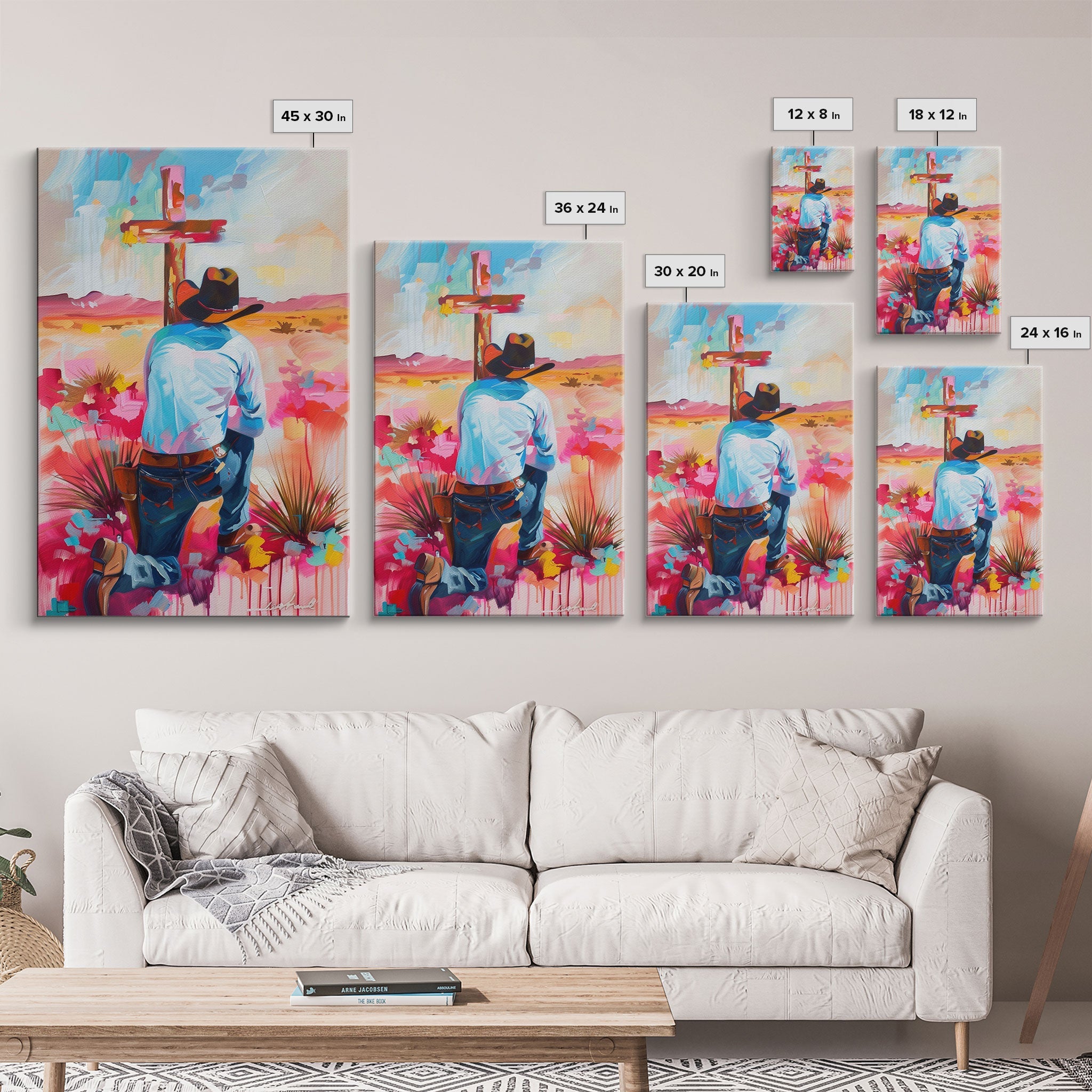Set of framed cowboy praying canvas prints with red cross and colorful floral backgrounds