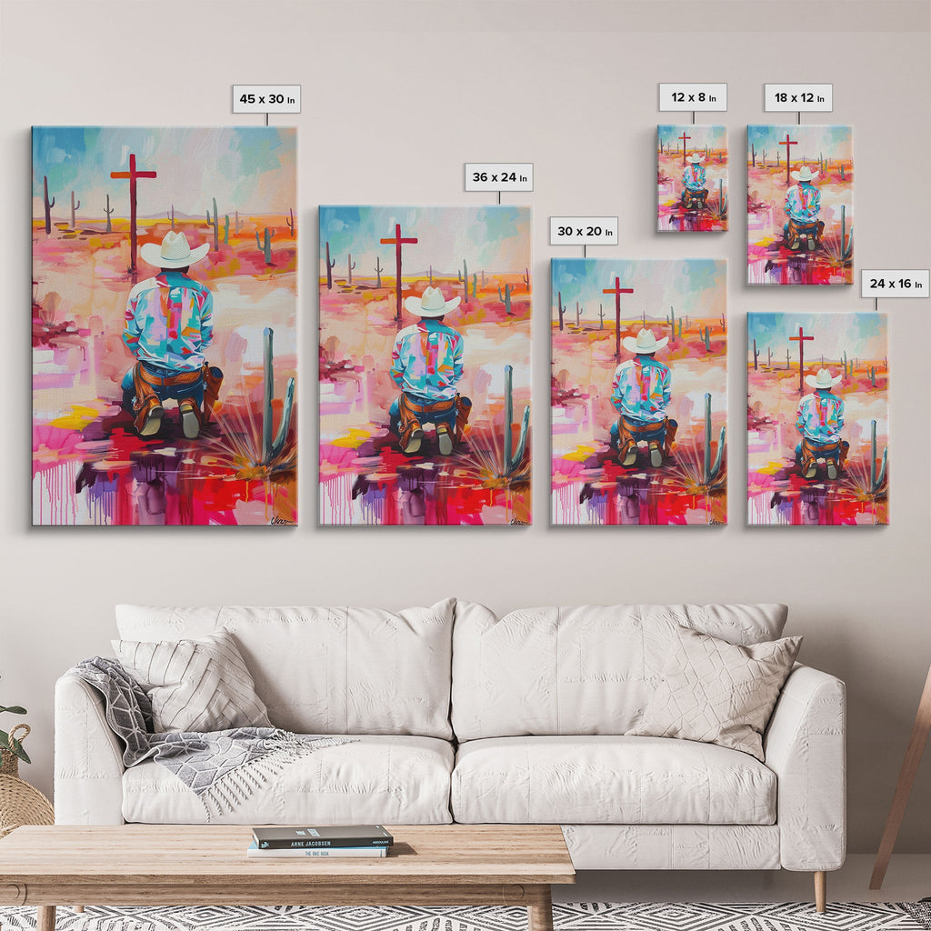 Set of framed canvas prints showing an abstract kneeling cowboy in a colorful Southwestern desert scene