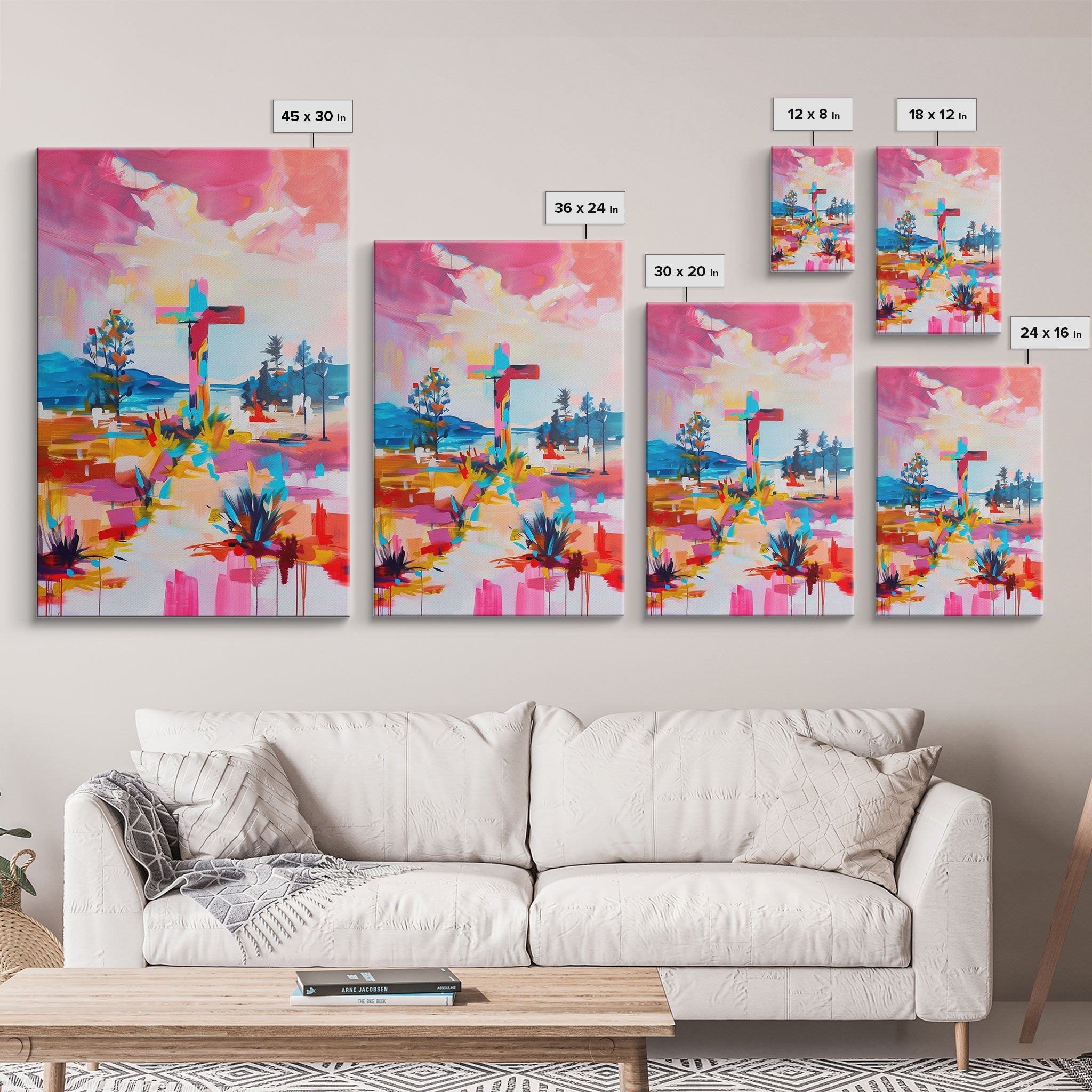 Set of framed canvas wall art prints with colorful cross and colorful desert landscape