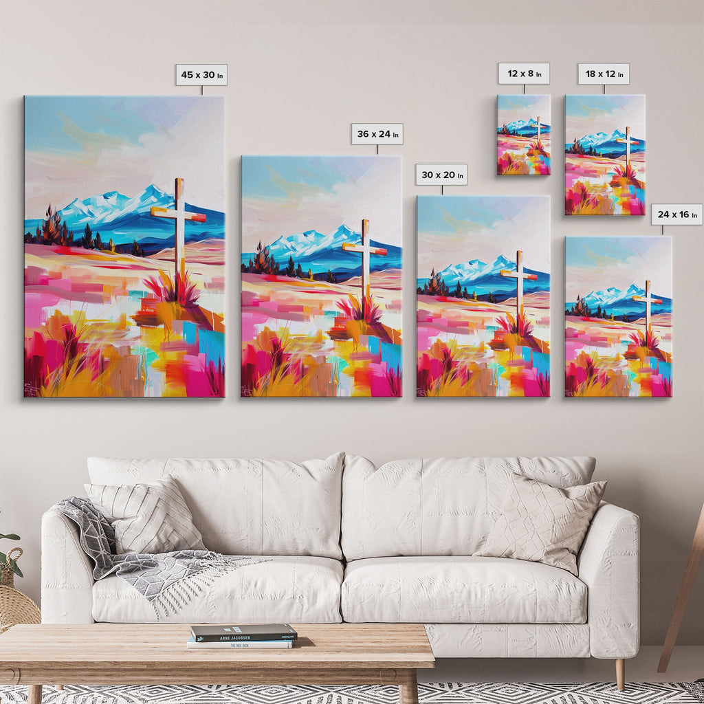 Set of wall canvas prints with cross and colorful mountain desert landscape