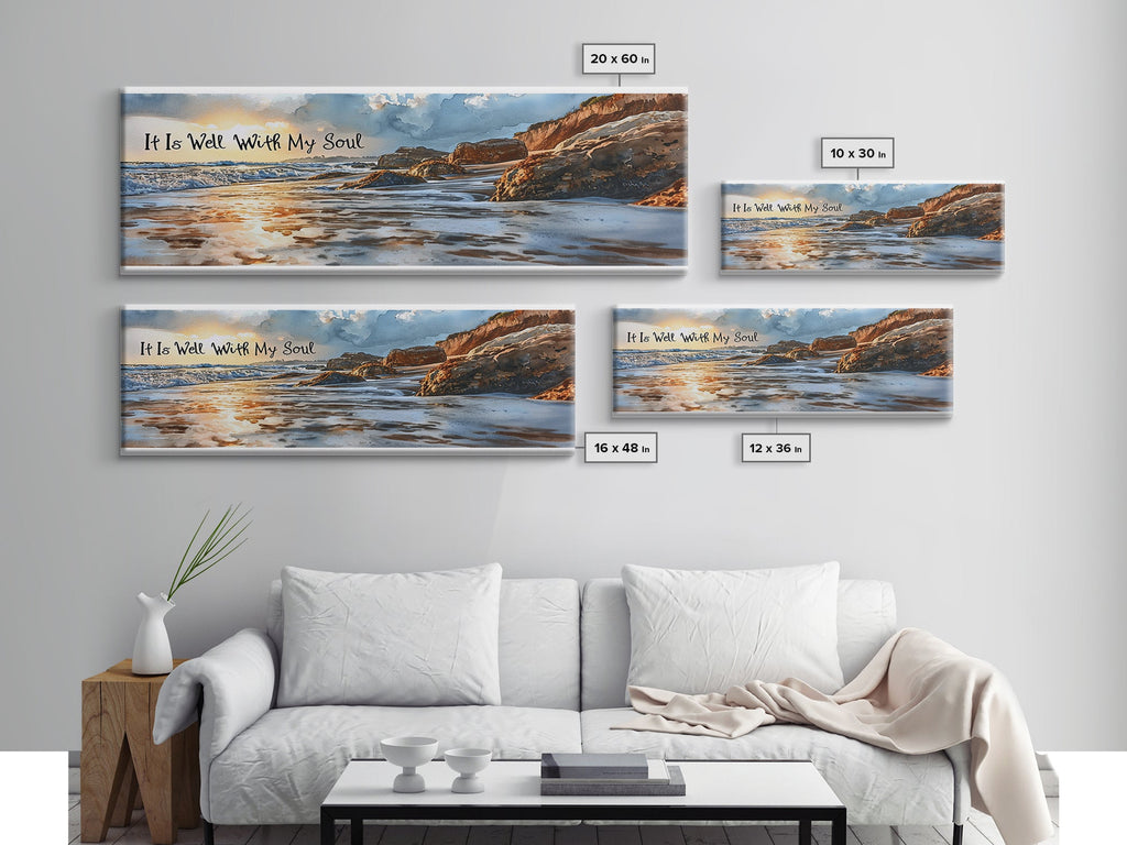 Coastal beach canvas wall art set with scripture text, ocean waves, and rocky shoreline