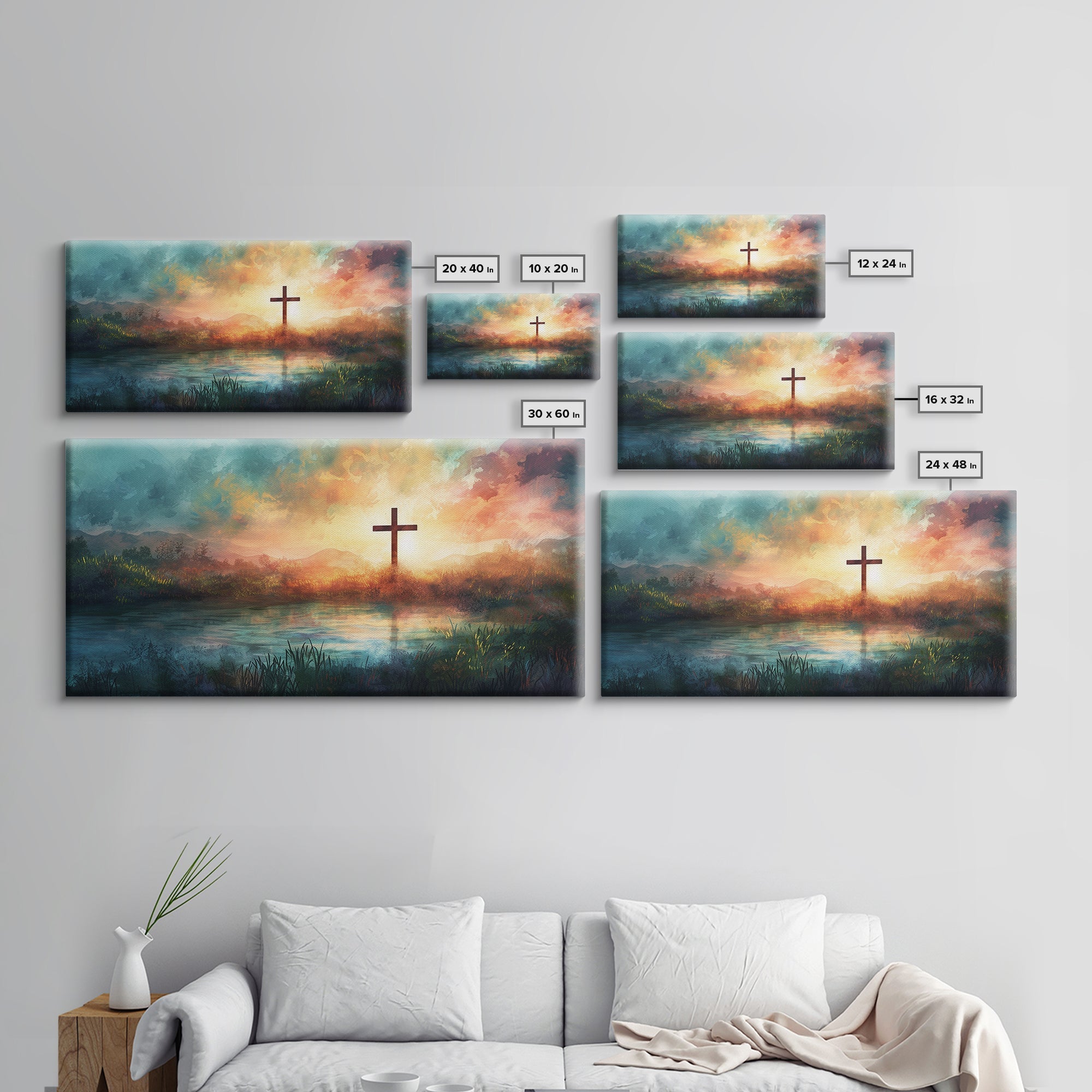 Christian cross landscape wall art canvas set, various sizes on wall