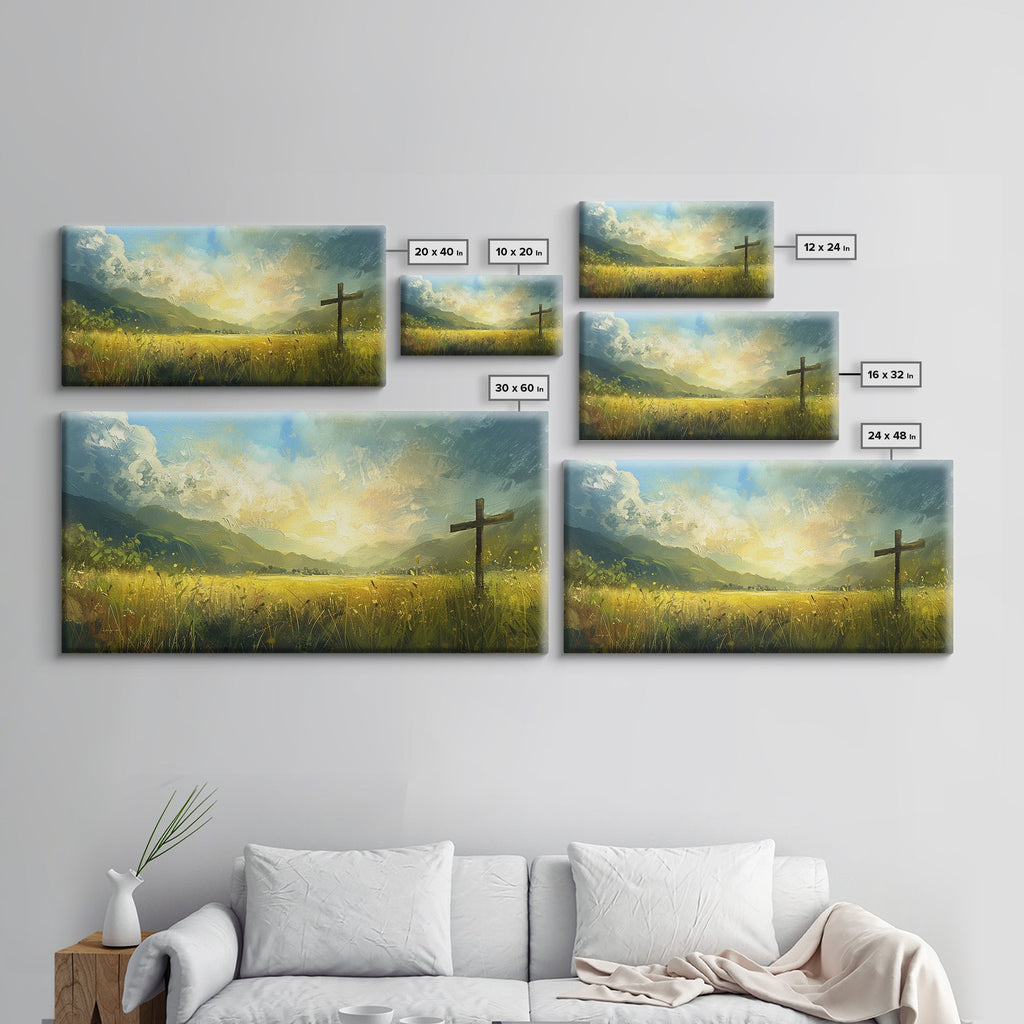 Set of framed canvas prints featuring a cross in a grassy landscape (multiple sizes)