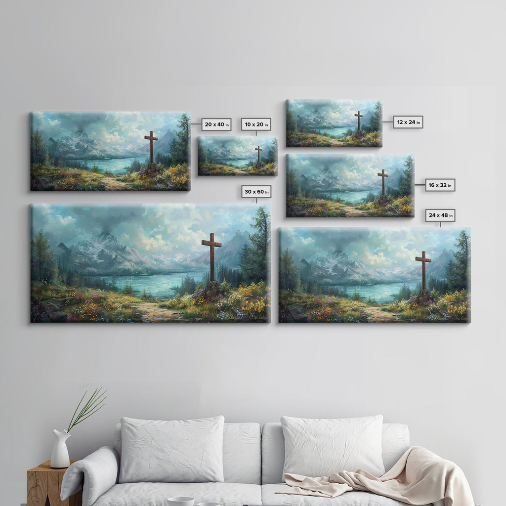 Set of framed canvas prints showing mountain lake landscape with wooden cross designs