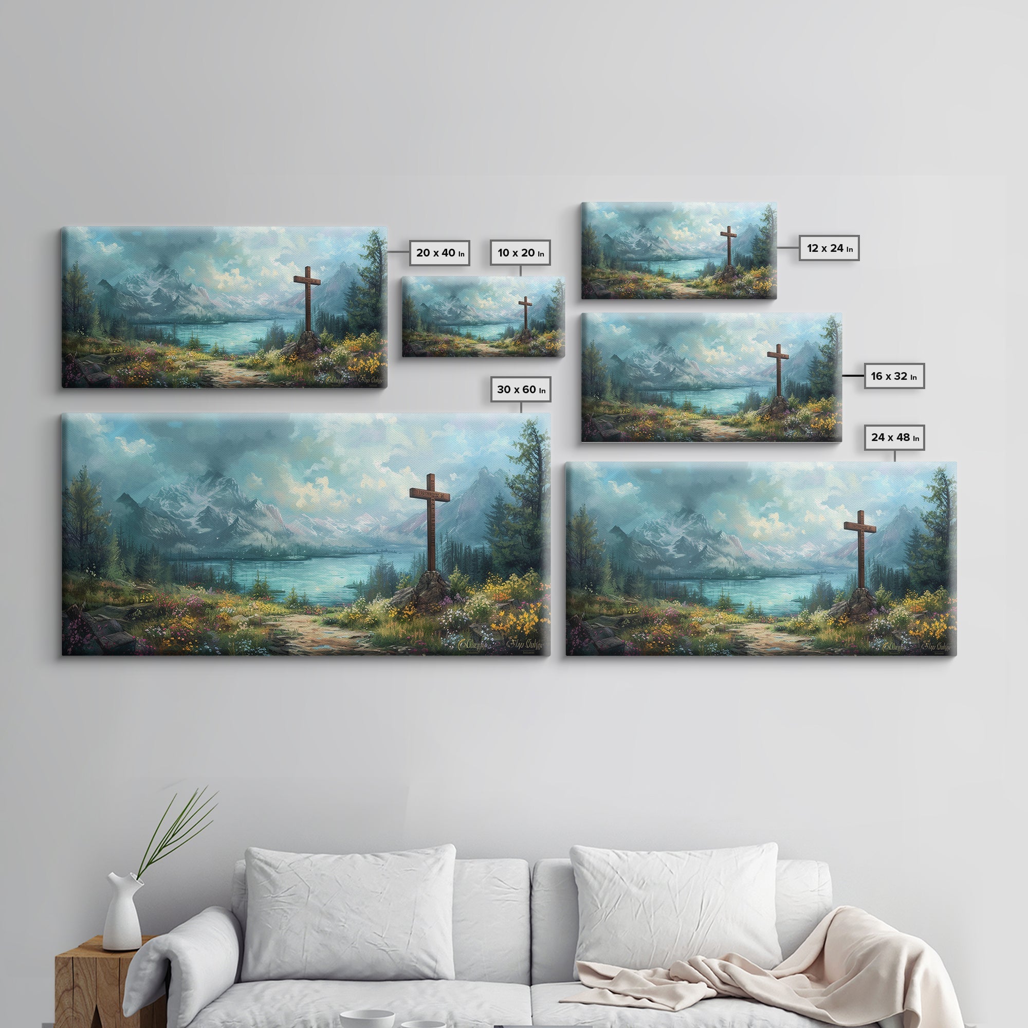 Set of framed canvas prints showing mountain lake landscape with wooden cross designs