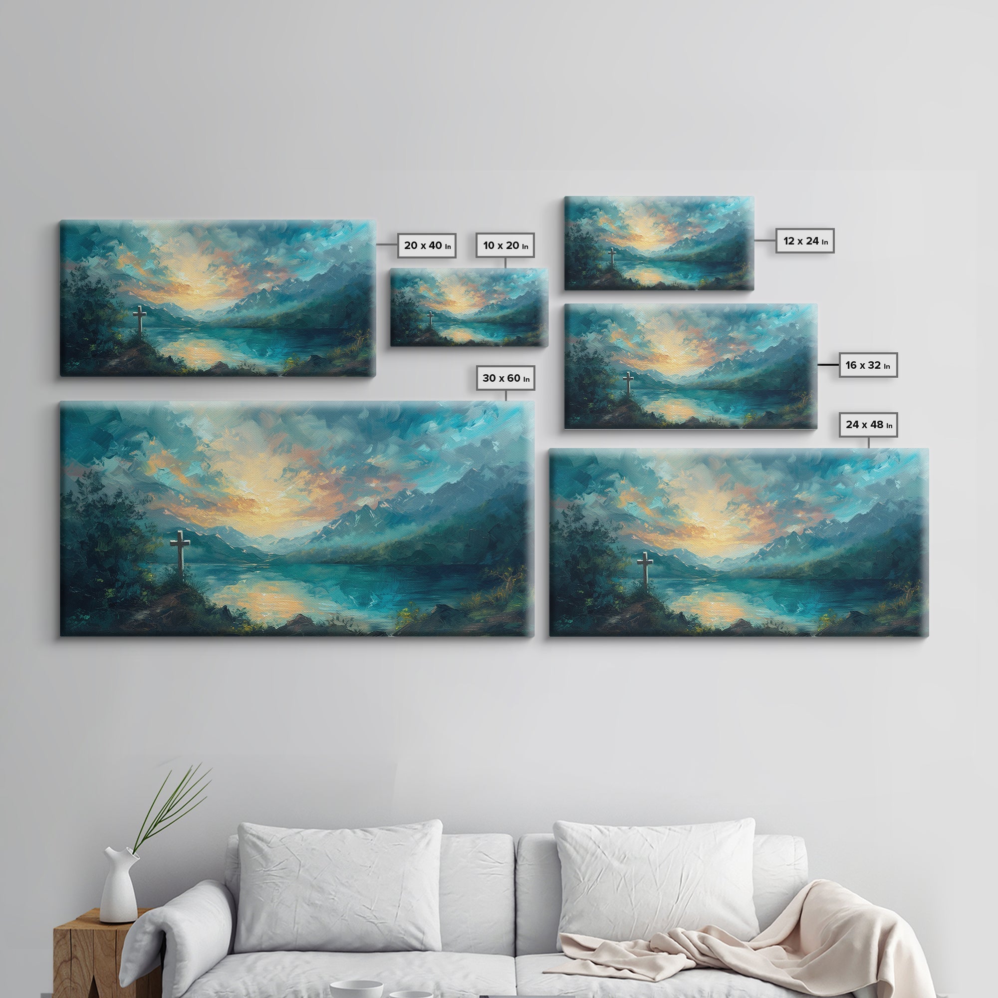 Set of cross and landscape canvas prints in multiple sizes on a wall