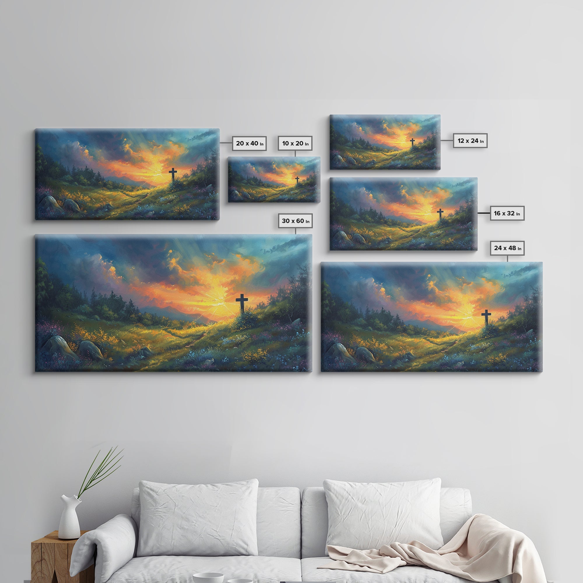 Set of Christian landscape cross canvases in multiple sizes displayed on a wall