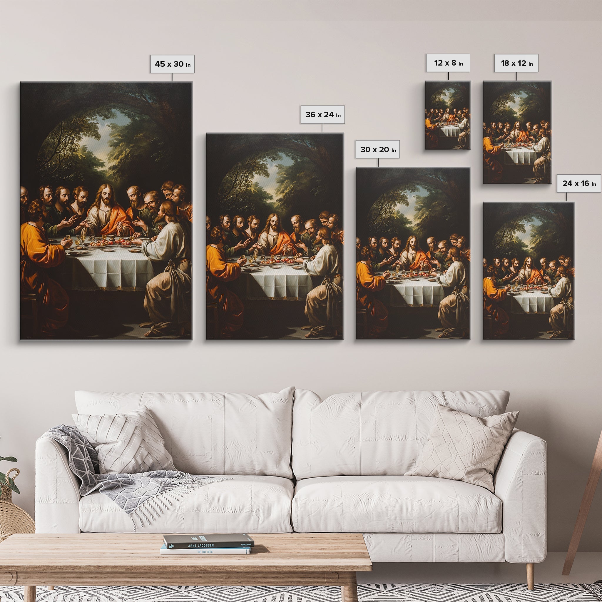 Group of framed canvas wall art prints of the Last Supper in mixed sizes