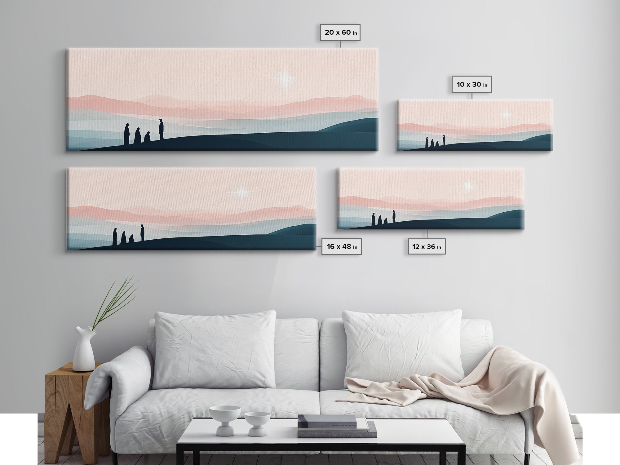 Framed set of canvas prints with silhouetted figures on the horizon and a glowing star