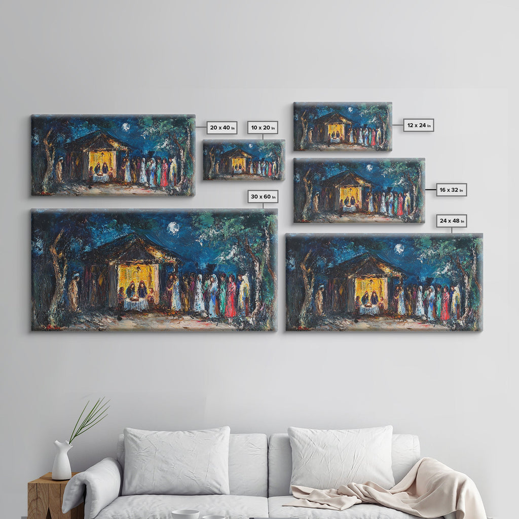 Set of framed nativity canvas prints in blue and yellow tones, arranged in a wall display