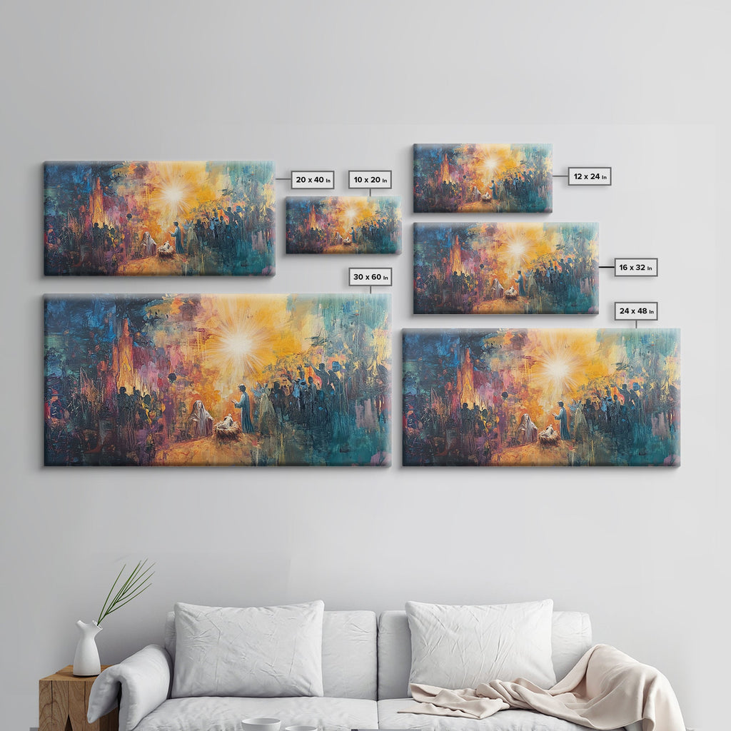 Wall display of nativity canvas prints in multiple sizes, featuring a glowing star scene
