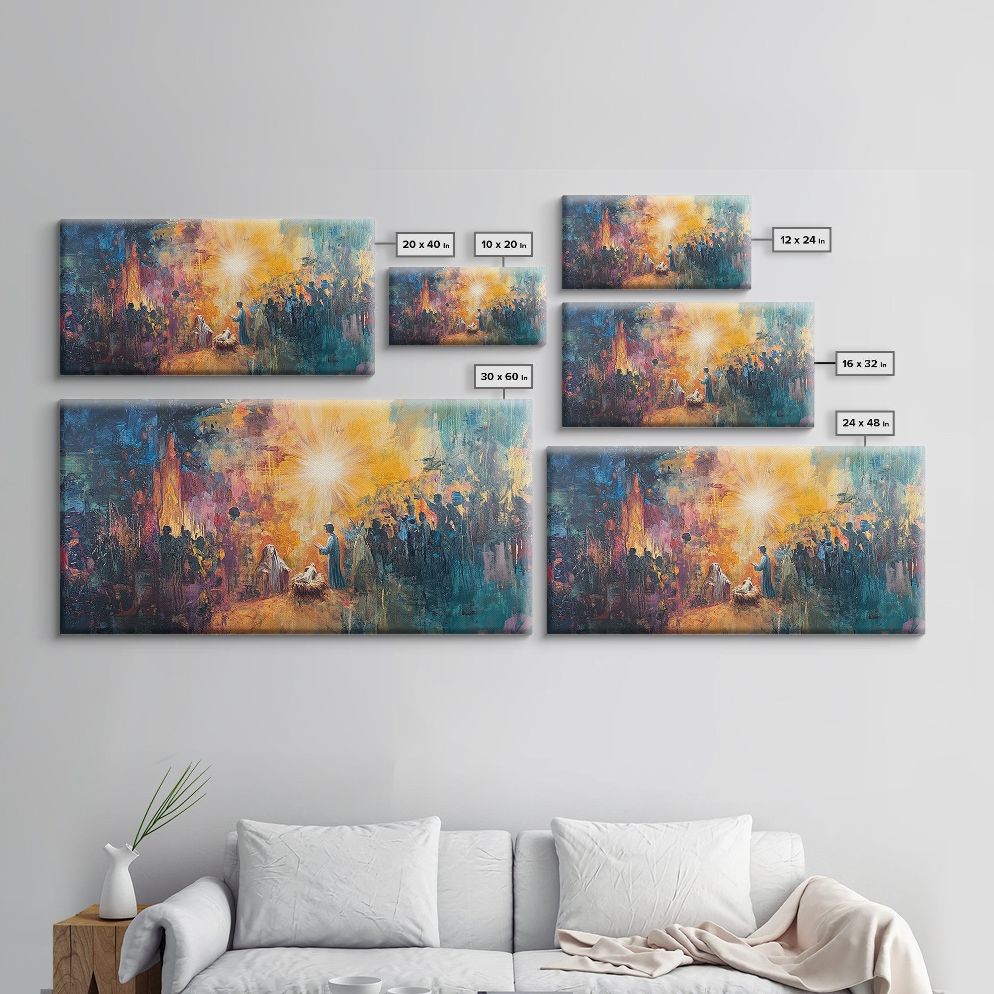 Wall display of nativity canvas prints in multiple sizes, featuring a glowing star scene