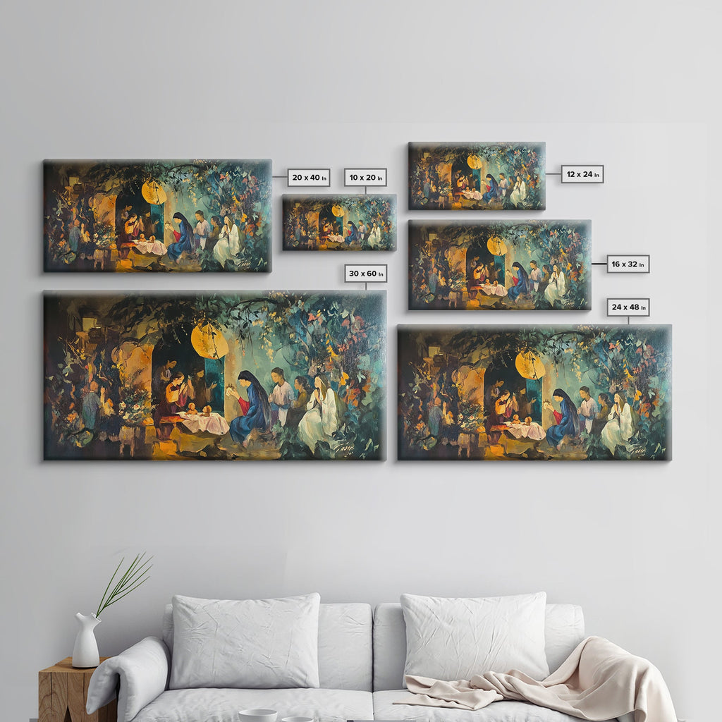 Set of nativity canvas wall arts with glowing angel and manger scenes in various sizes
