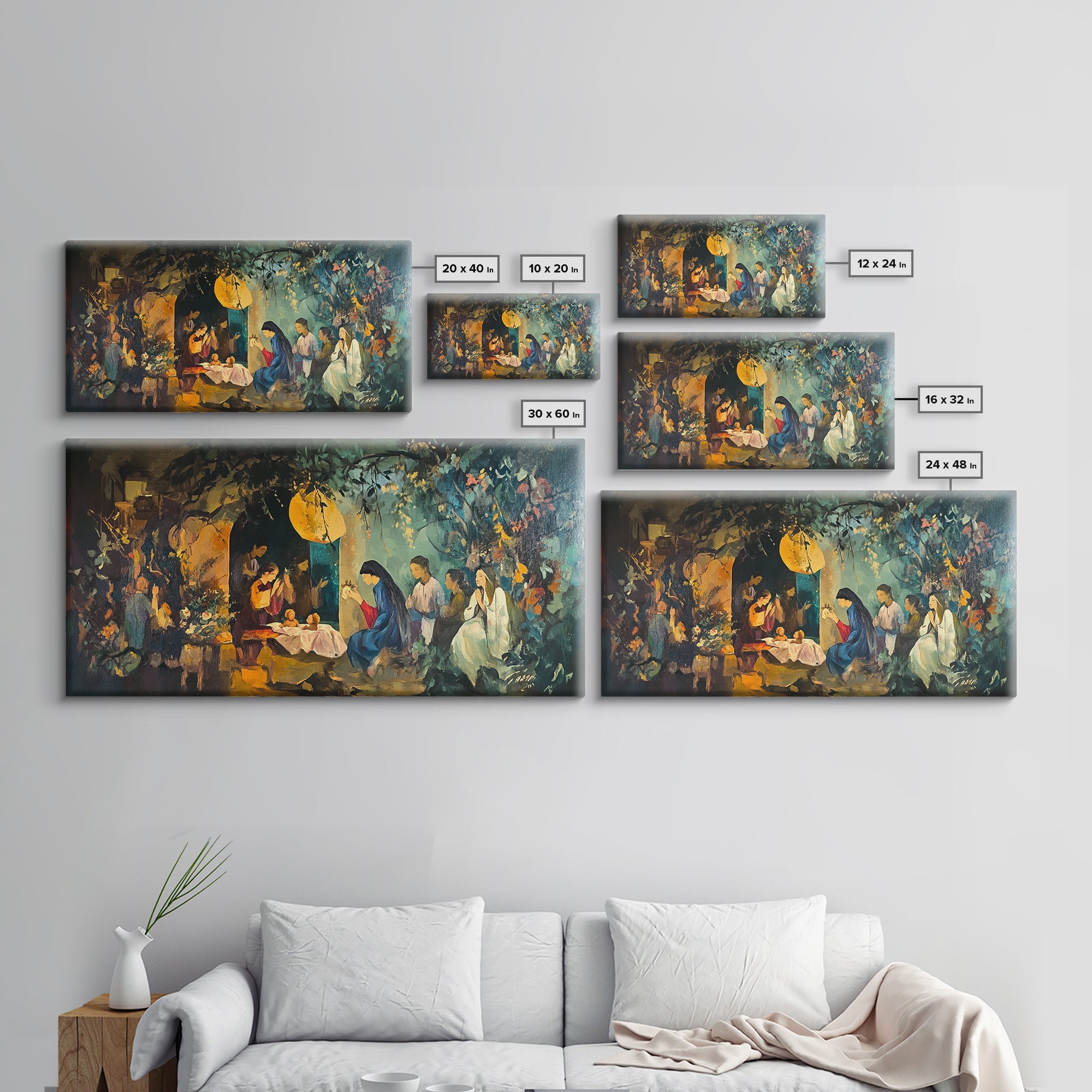 Set of nativity canvas wall arts with glowing angel and manger scenes in various sizes