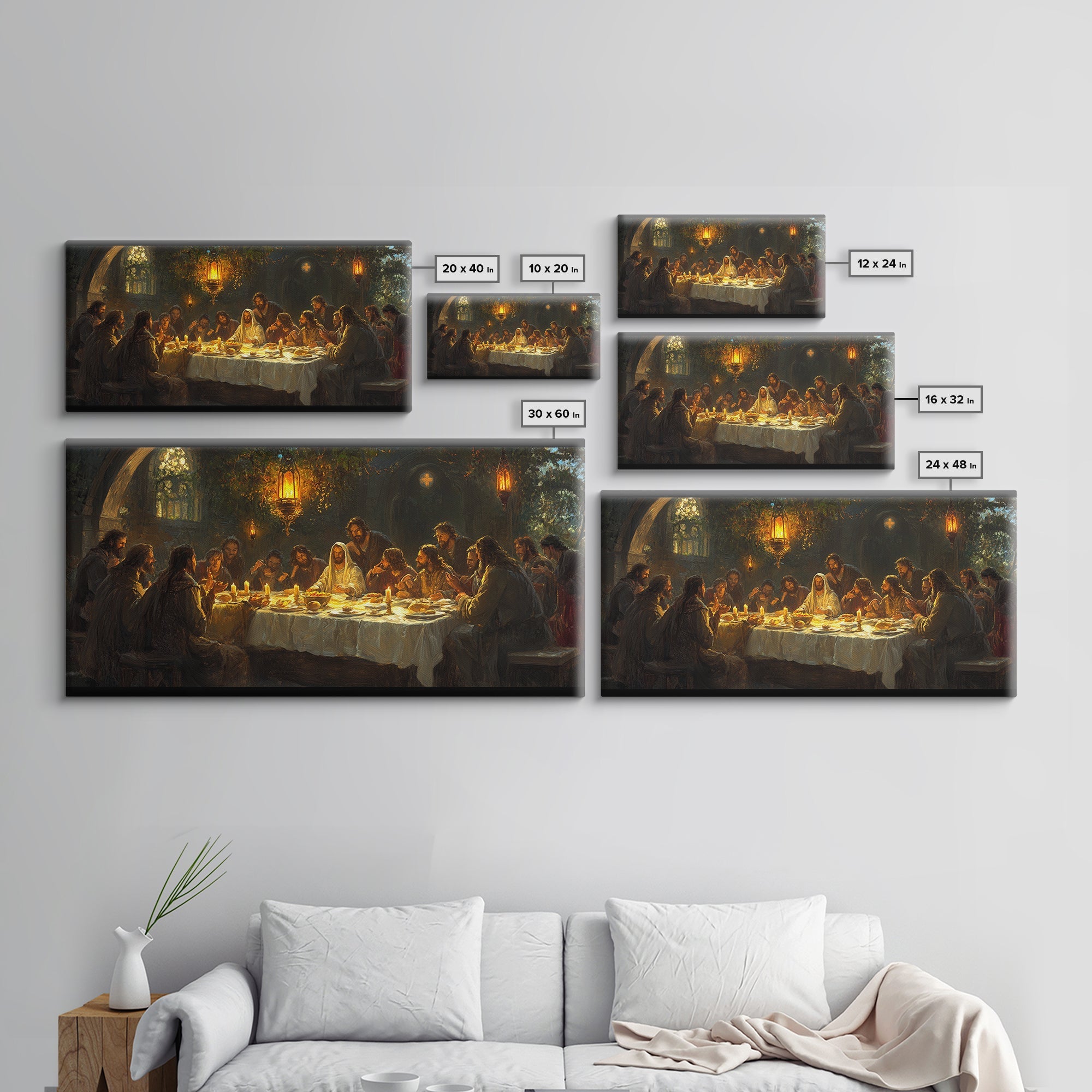 Framed canvas print of The Last Supper shown in multiple sizes, dark frames