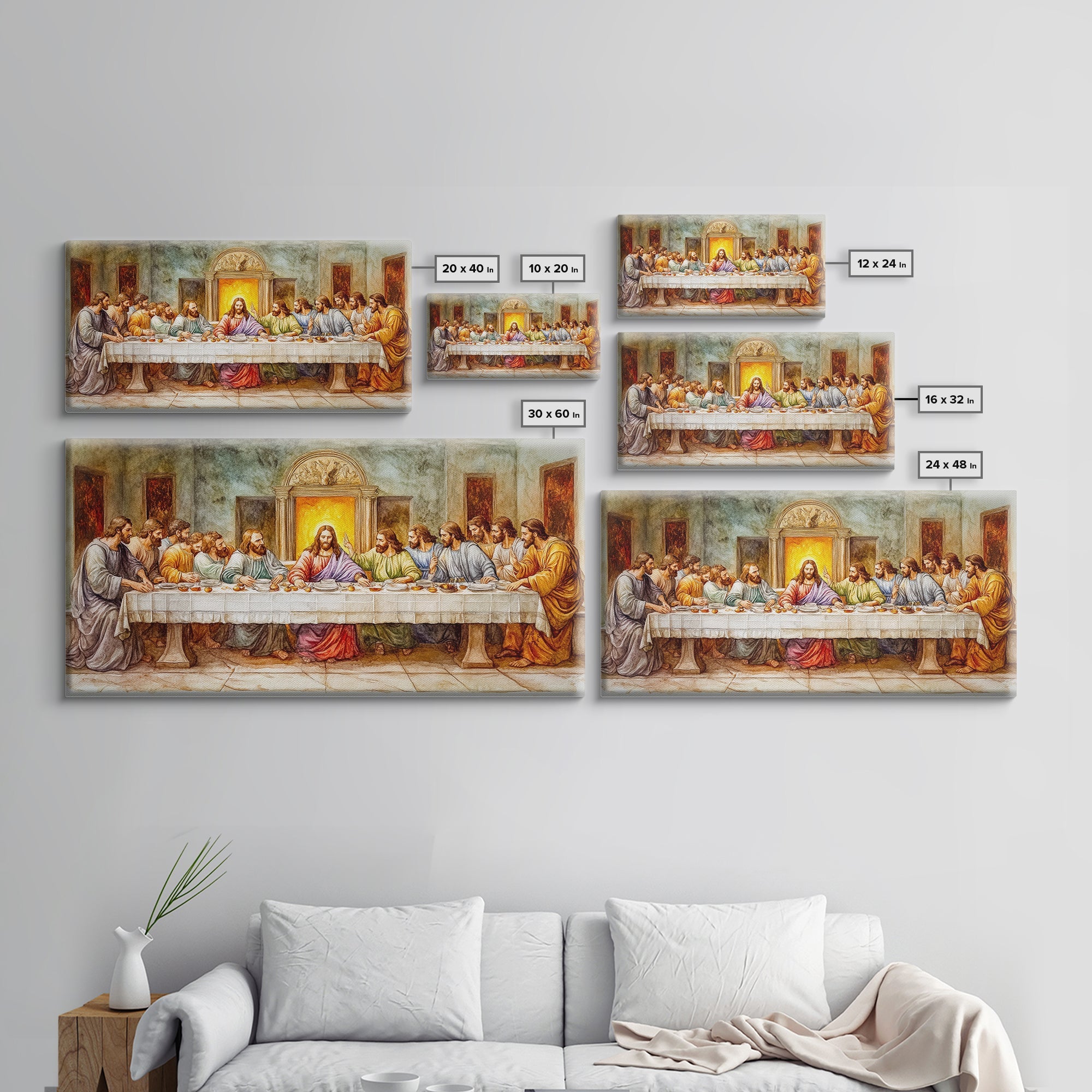 Multiple framed canvas prints of The Last Supper displayed with size labels on a wall