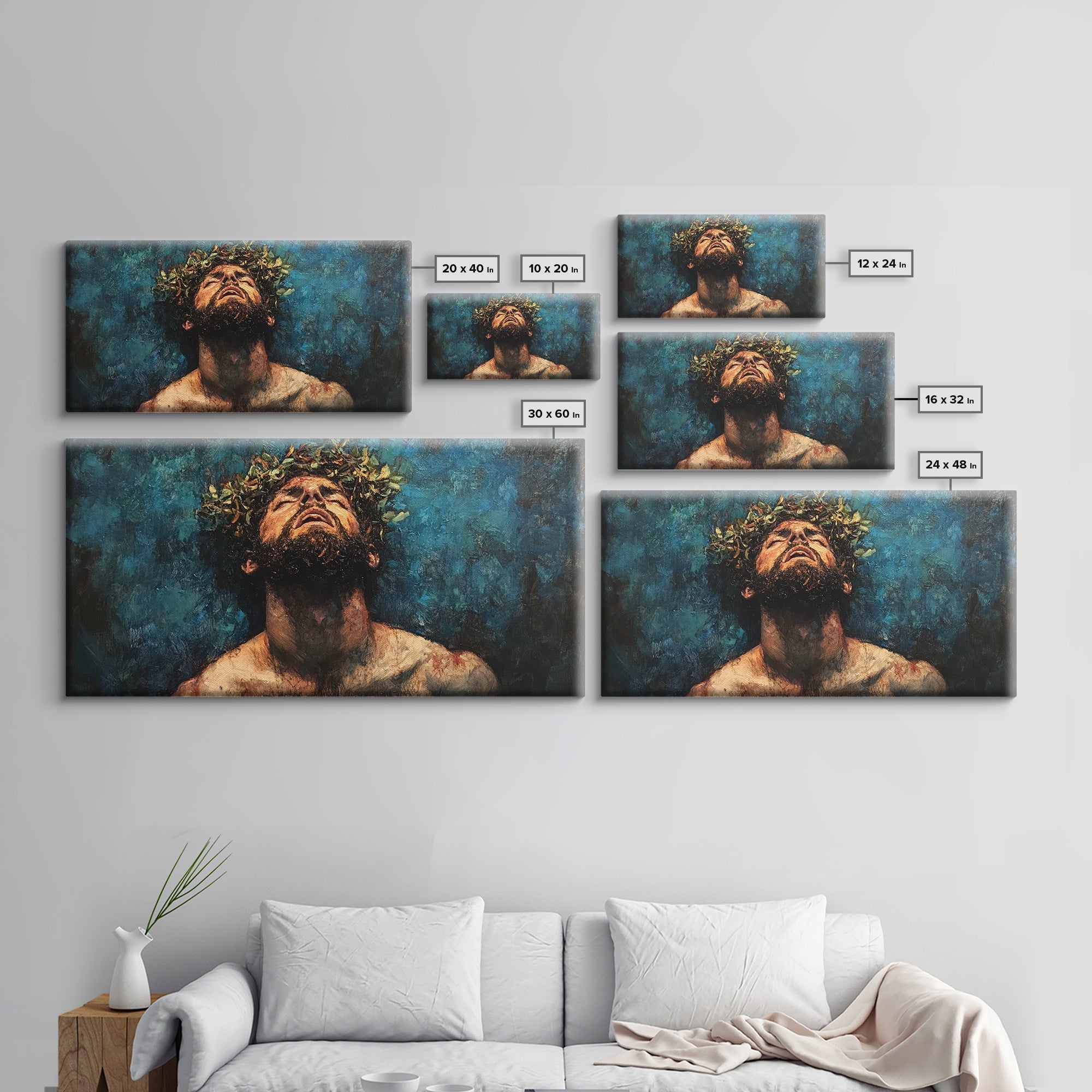 Set of horizontal framed Jesus Christ wall canvases with crown of thorns