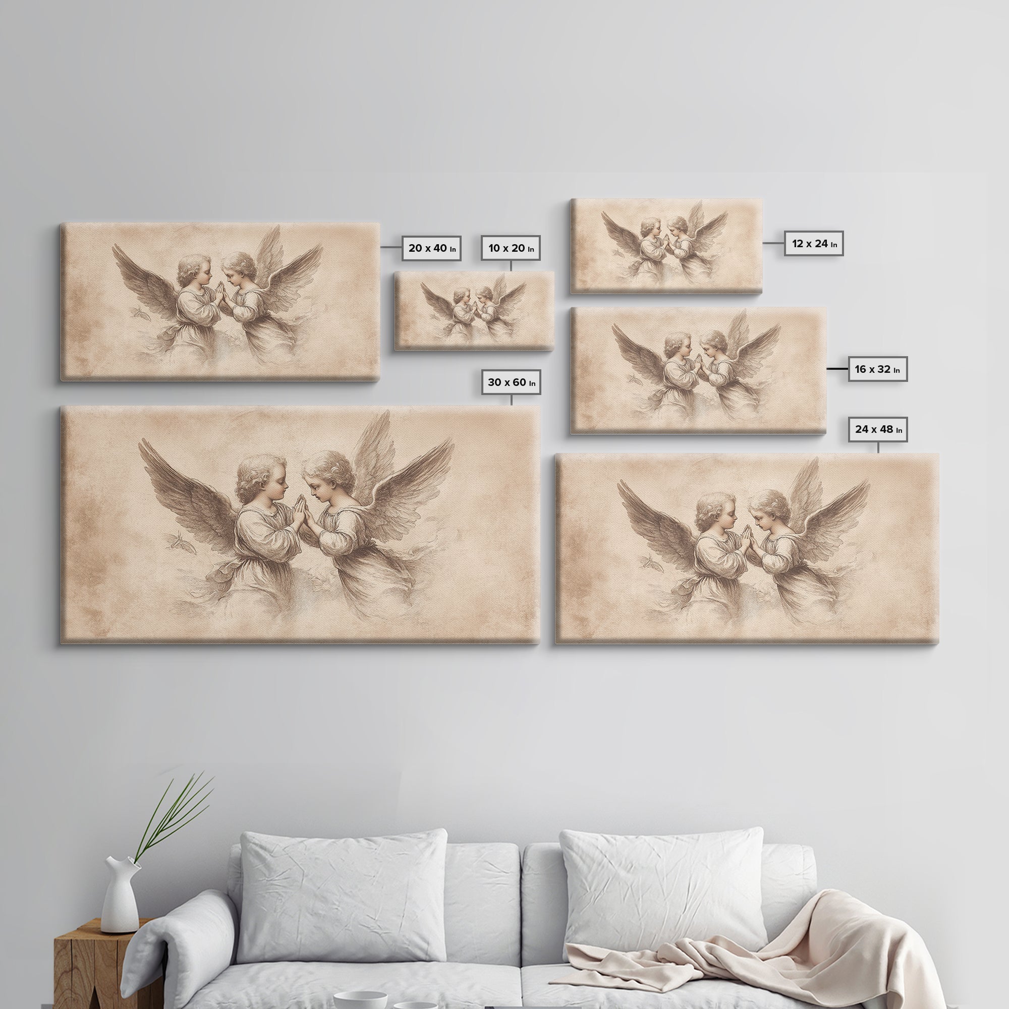 Multiple sizes of angel wall art canvas prints with cherubs and wings in beige