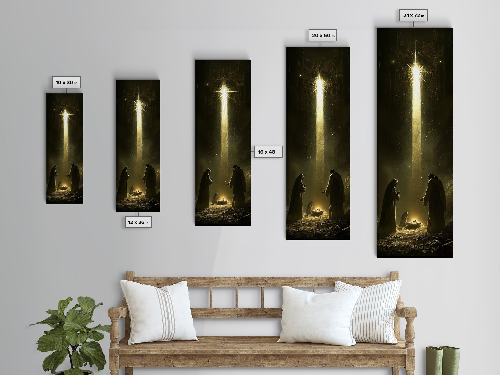 Nativity painting print set showing tall sizes with glowing star and framed options