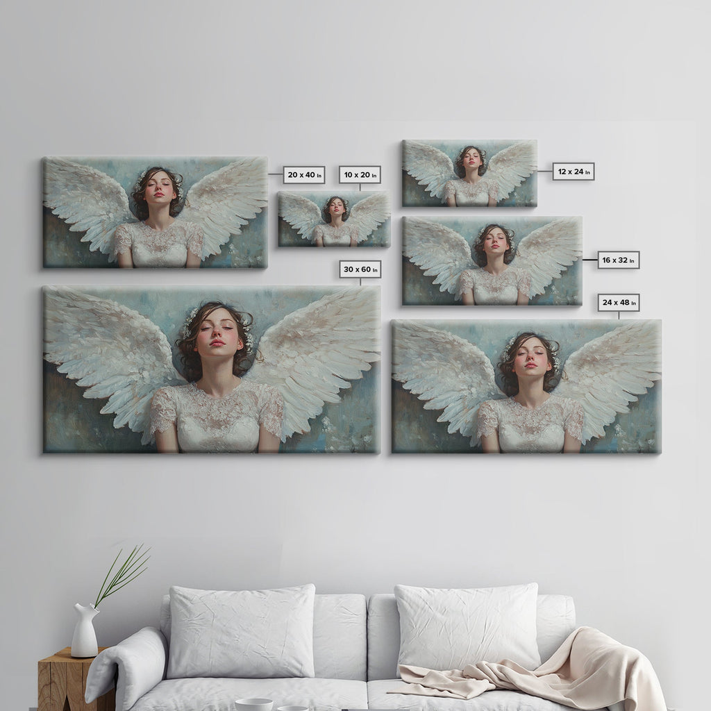 Angel canvas print set with multiple framed sizes showing white wings and angel face