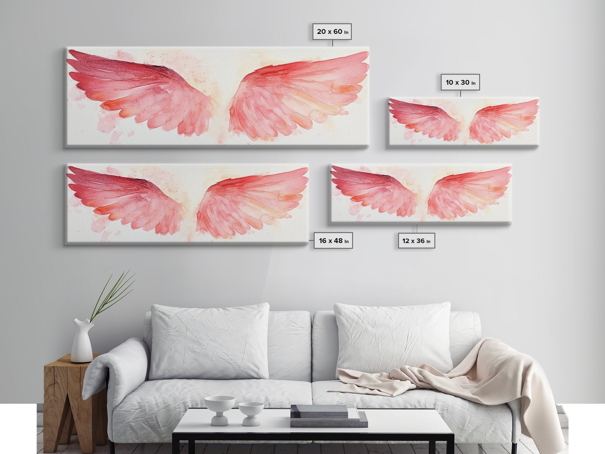Angel wings canvas print set with pink watercolor wings in multiple sizes