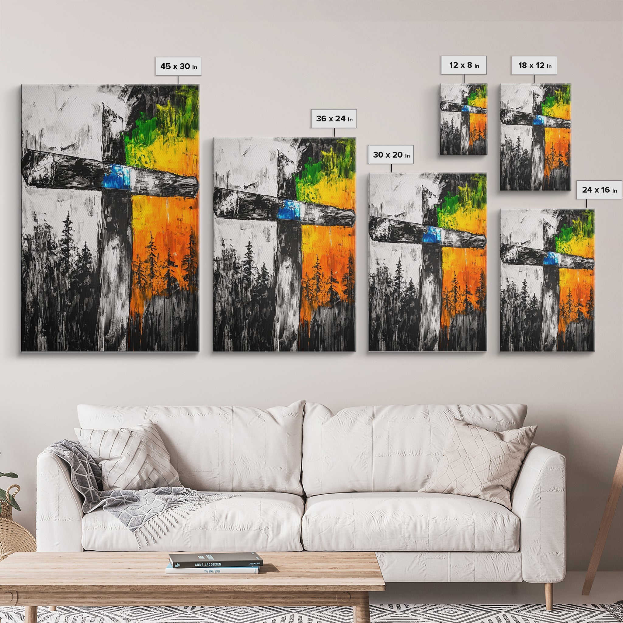 Wooden cross wall art set showing multiple canvas sizes with orange, green and blue accents
