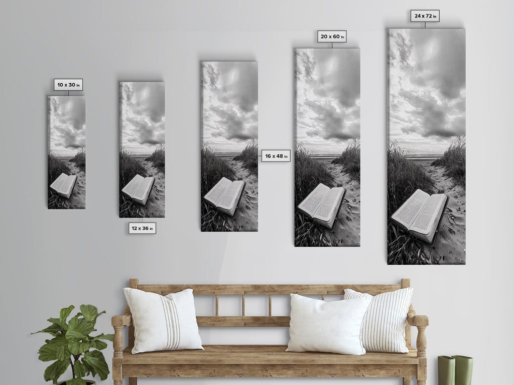 Wall display of framed beach Bible canvas prints in multiple sizes