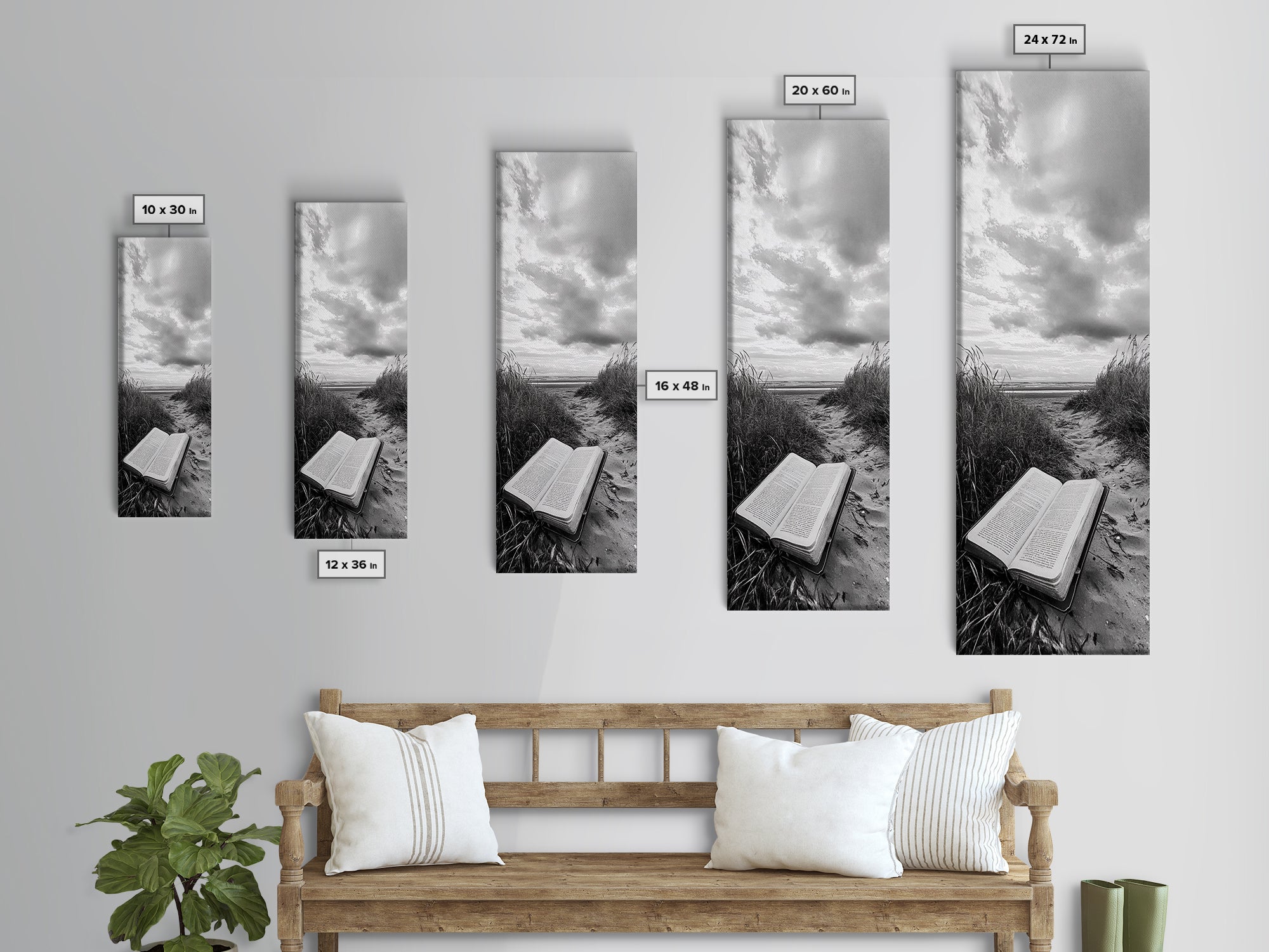Wall display of framed beach Bible canvas prints in multiple sizes