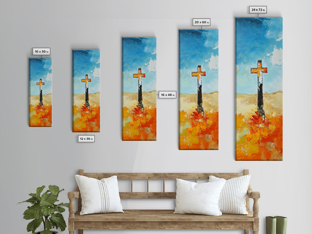 Set of framed cross canvas wall art panels in blue sky and orange brushstrokes