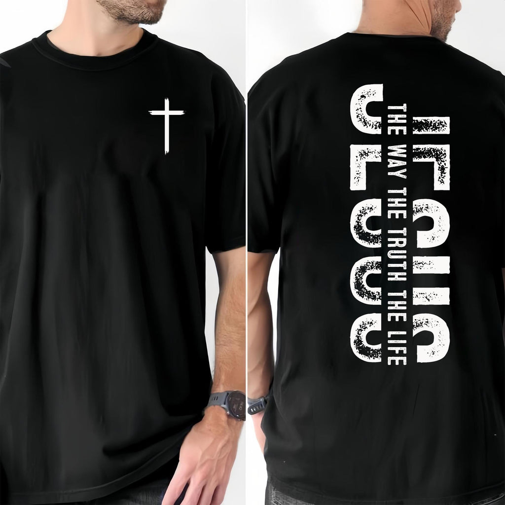 Black t-shirt front has a small cross; back shows a white faith quote graphic