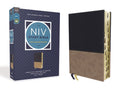 NIV Study Bible in navy and tan leathersoft cover, embossed texture and ribbon marker