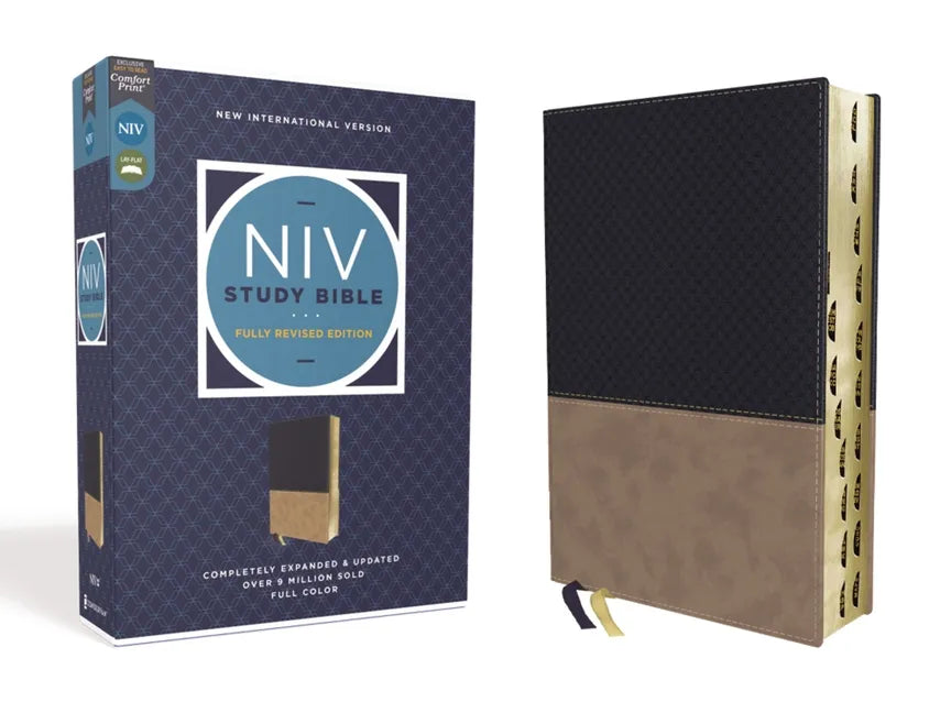 NIV Study Bible in navy and tan leathersoft cover, embossed texture and ribbon marker