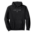 Black Christian hoodie with 'Jesus is King' text and small cross graphic