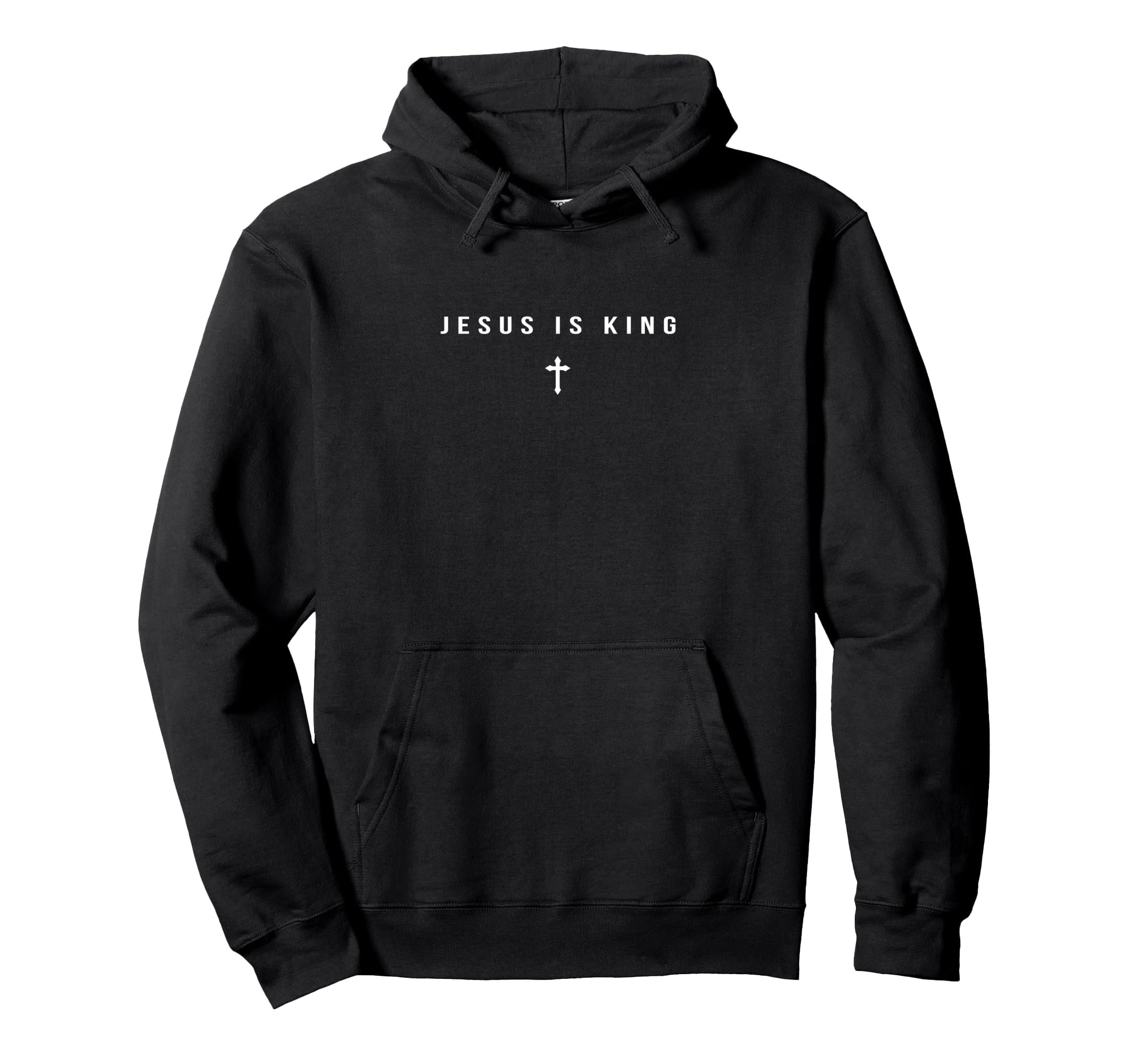 Black Christian hoodie with 'Jesus is King' text and small cross graphic