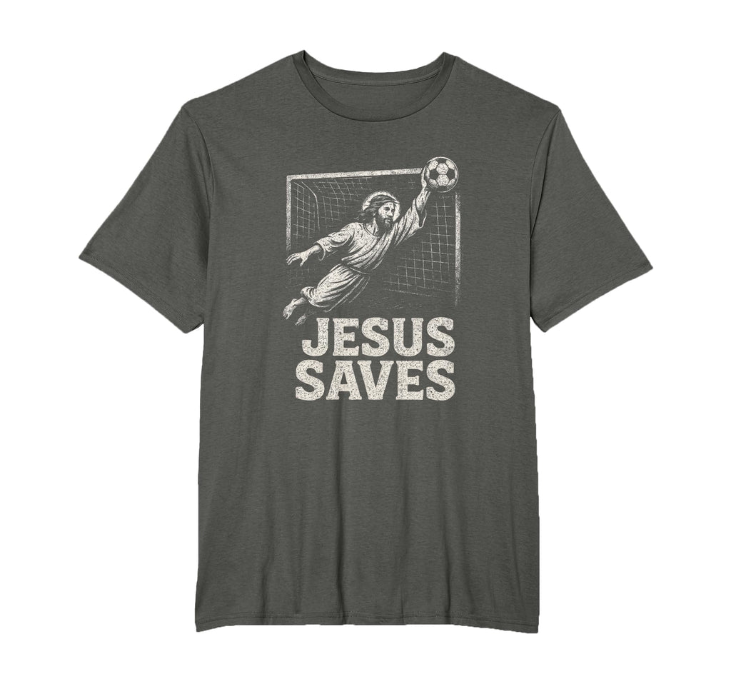 Unisex dark gray T-shirt with white goalie "Jesus Saves" front graphic
