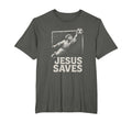 Unisex dark gray T-shirt with white goalie "Jesus Saves" front graphic