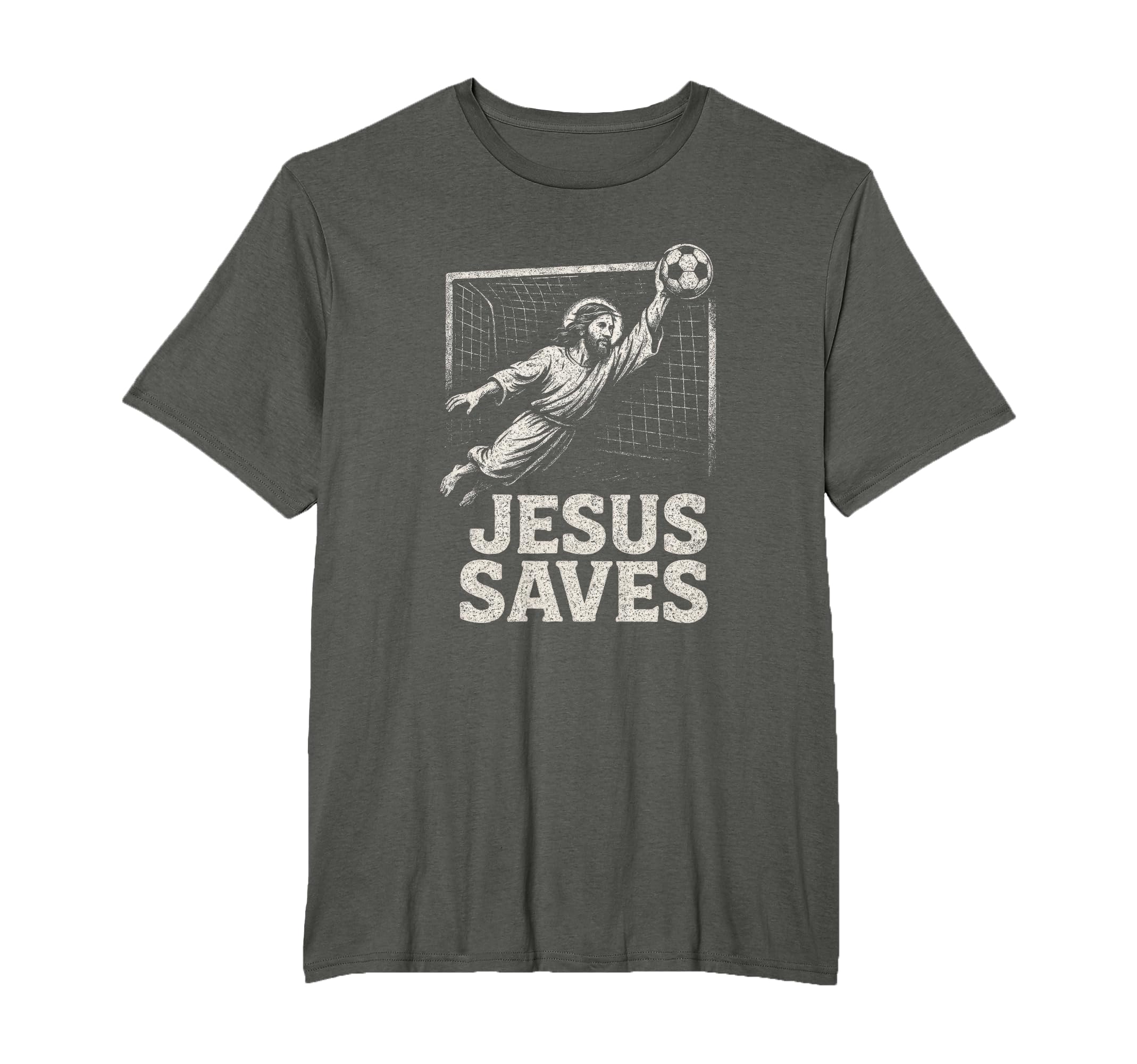 Unisex dark gray T-shirt with white goalie "Jesus Saves" front graphic