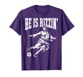 Unisex T-shirt with white HE IS RIZZIN Jesus graphic on purple