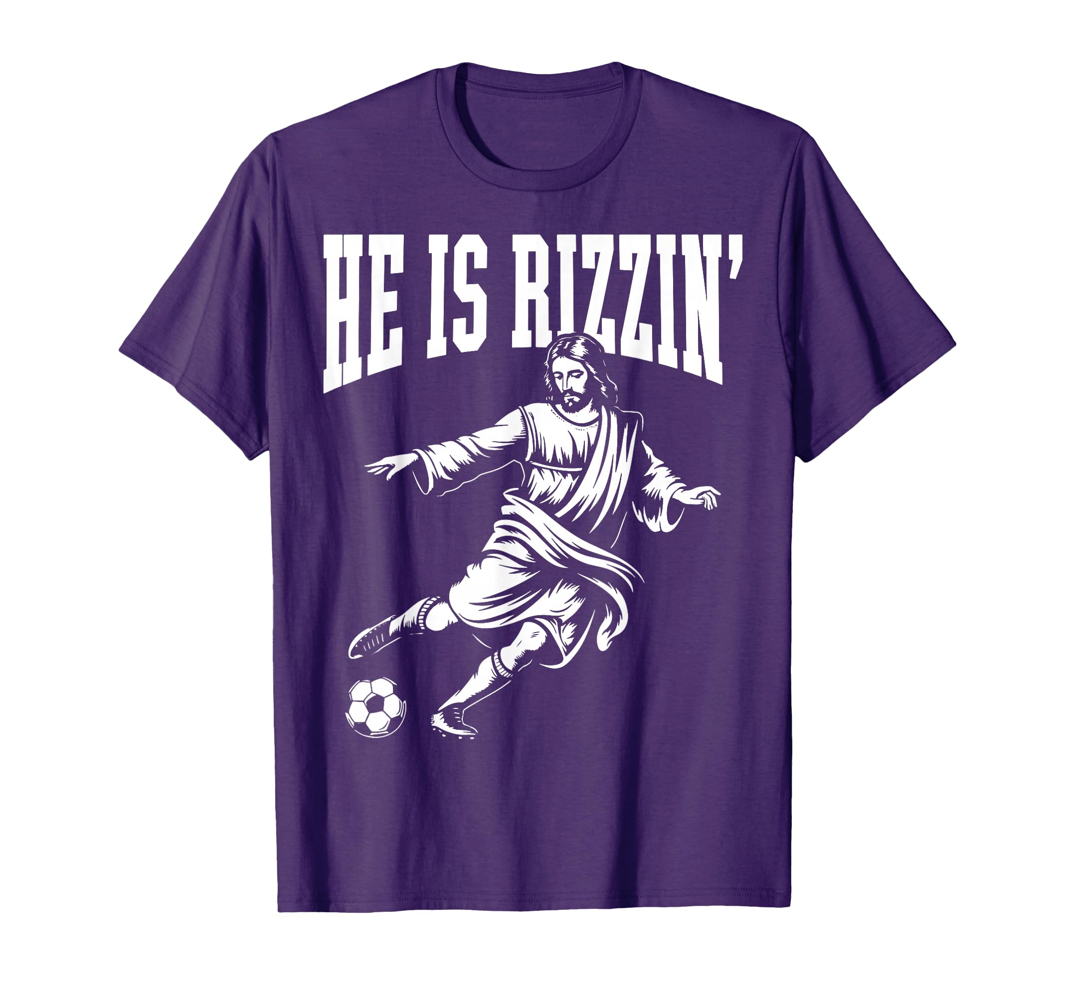 Unisex T-shirt with white HE IS RIZZIN Jesus graphic on purple