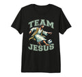 Black unisex T-shirt with large 'TEAM JESUS' soccer player graphic on front.